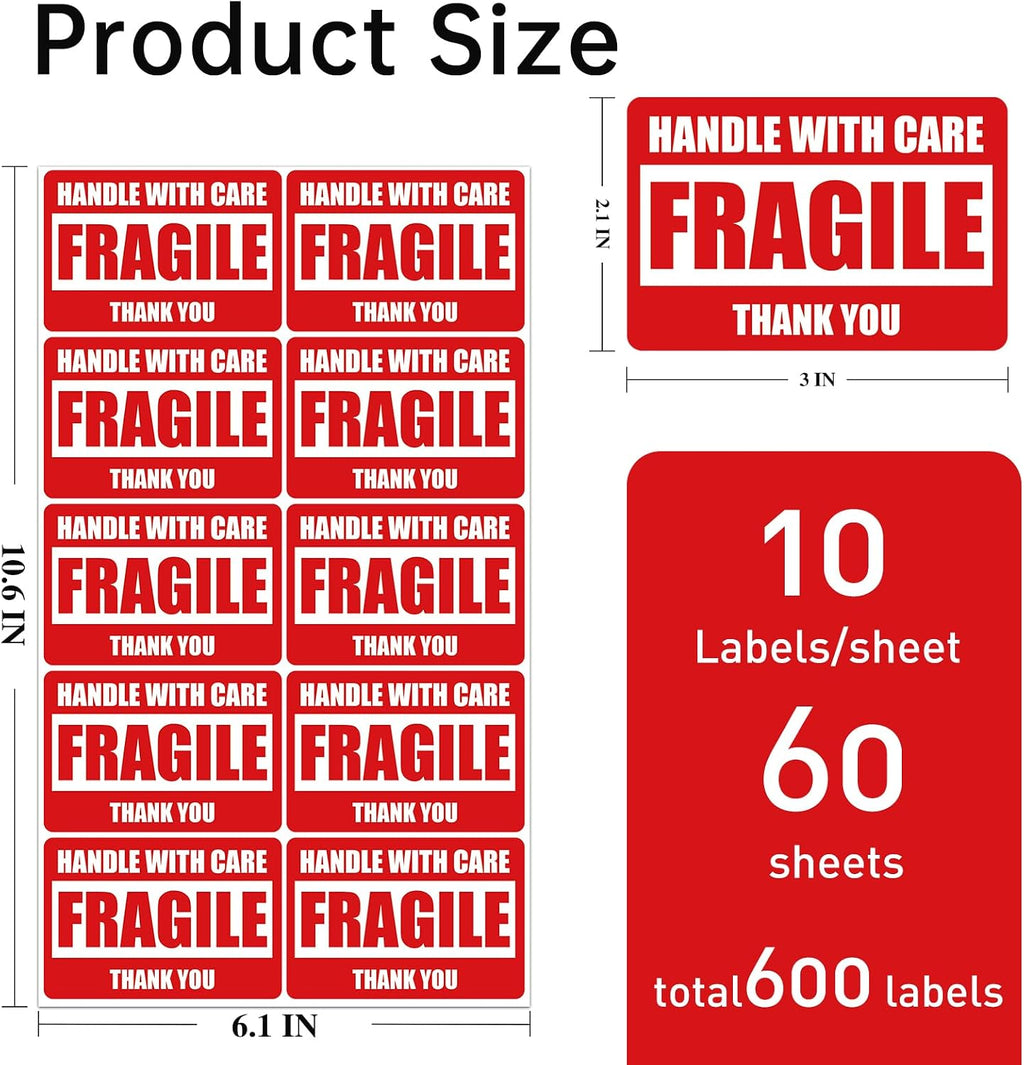 600 PCS 3x2 Inch Fragile Stickers for Shipping and Moving
