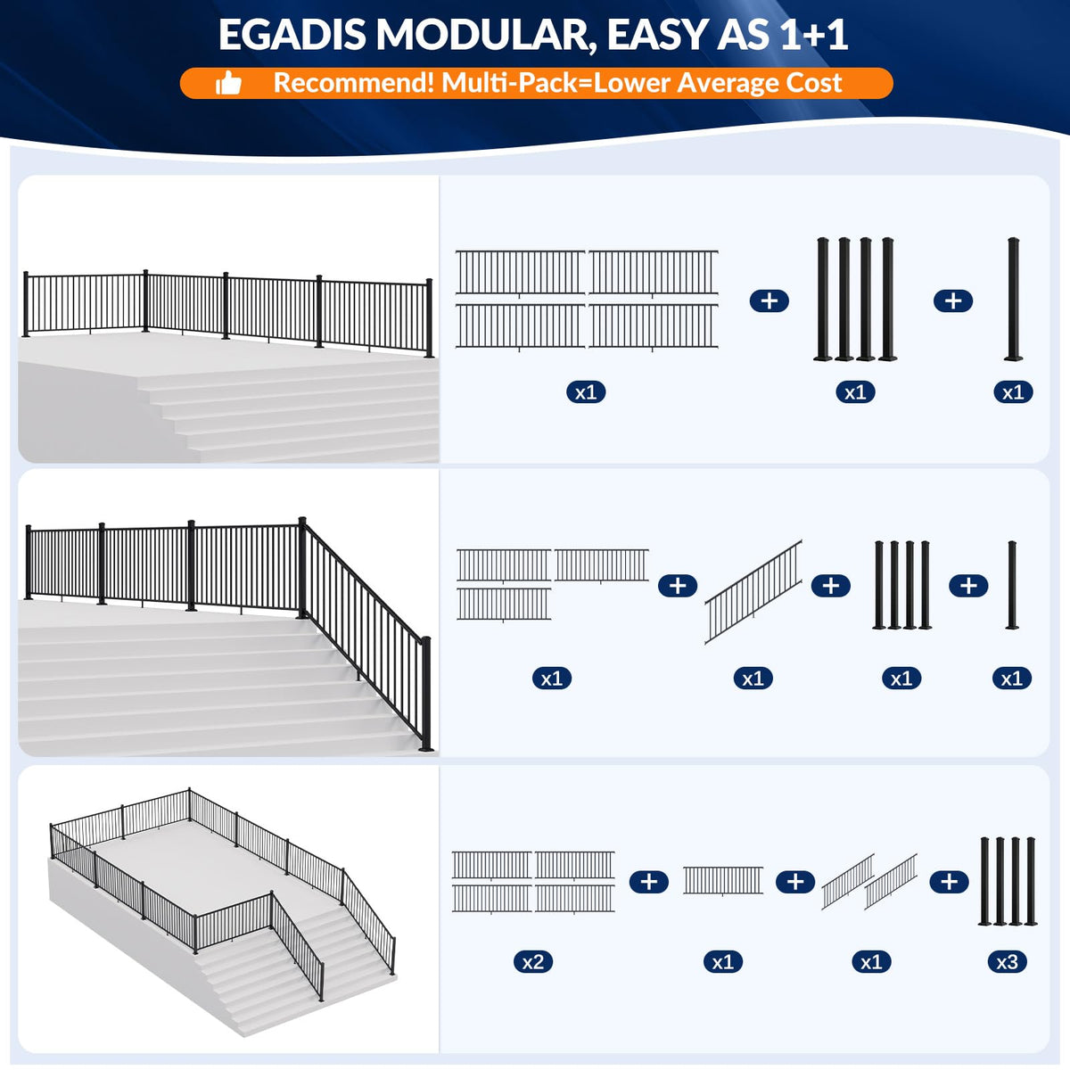 1 Pack 36 in x 8 ft Aluminum Porch and Deck Railing Kit Without Post