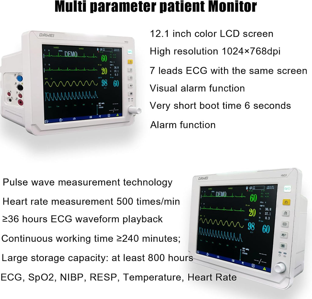 12.1" Veterinary Vital Signs Monitor for Pets, Animal ECG, SpO2, Blood Pressure, Respiration & Temperature Monitoring