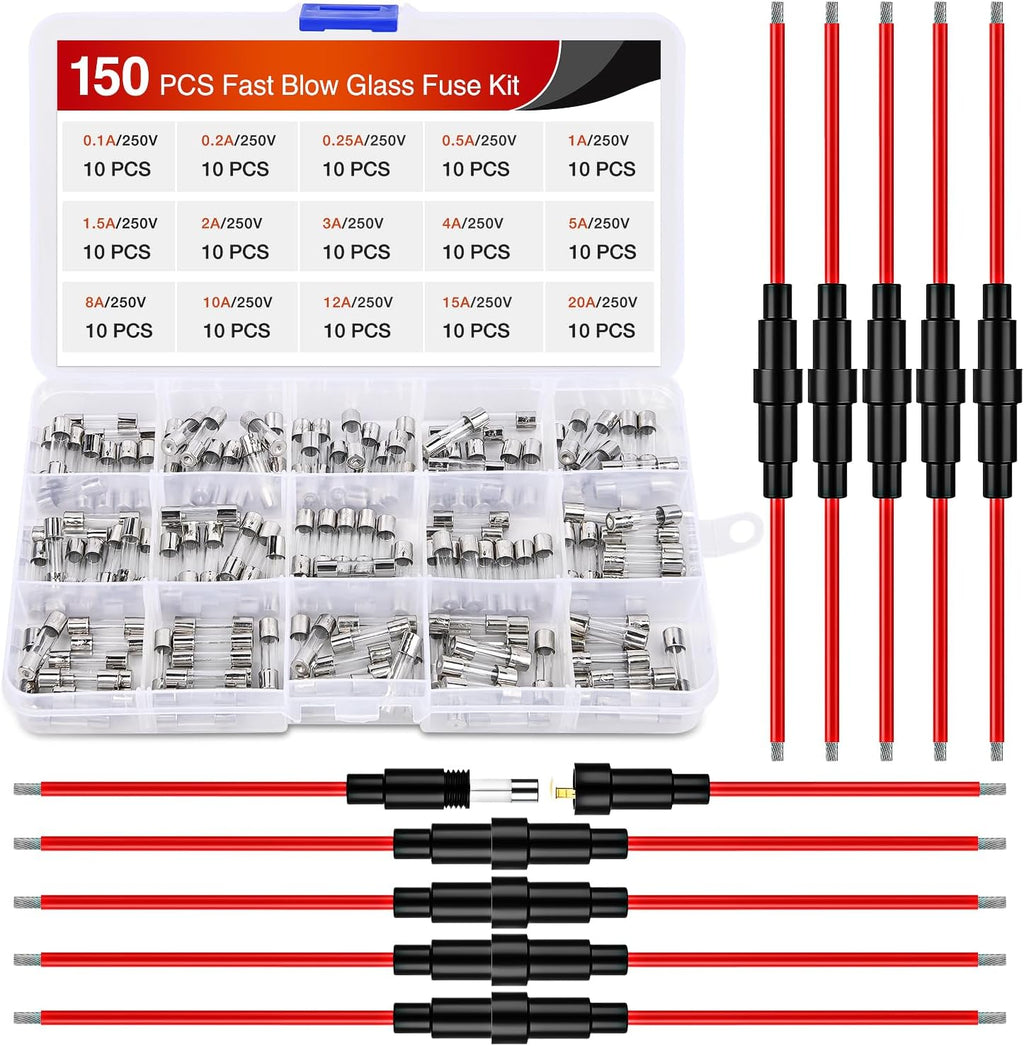Nilight 150PCS 5x20mm Fast Blow Glass Fuses w/10PCS 16AWG Fuse Holders