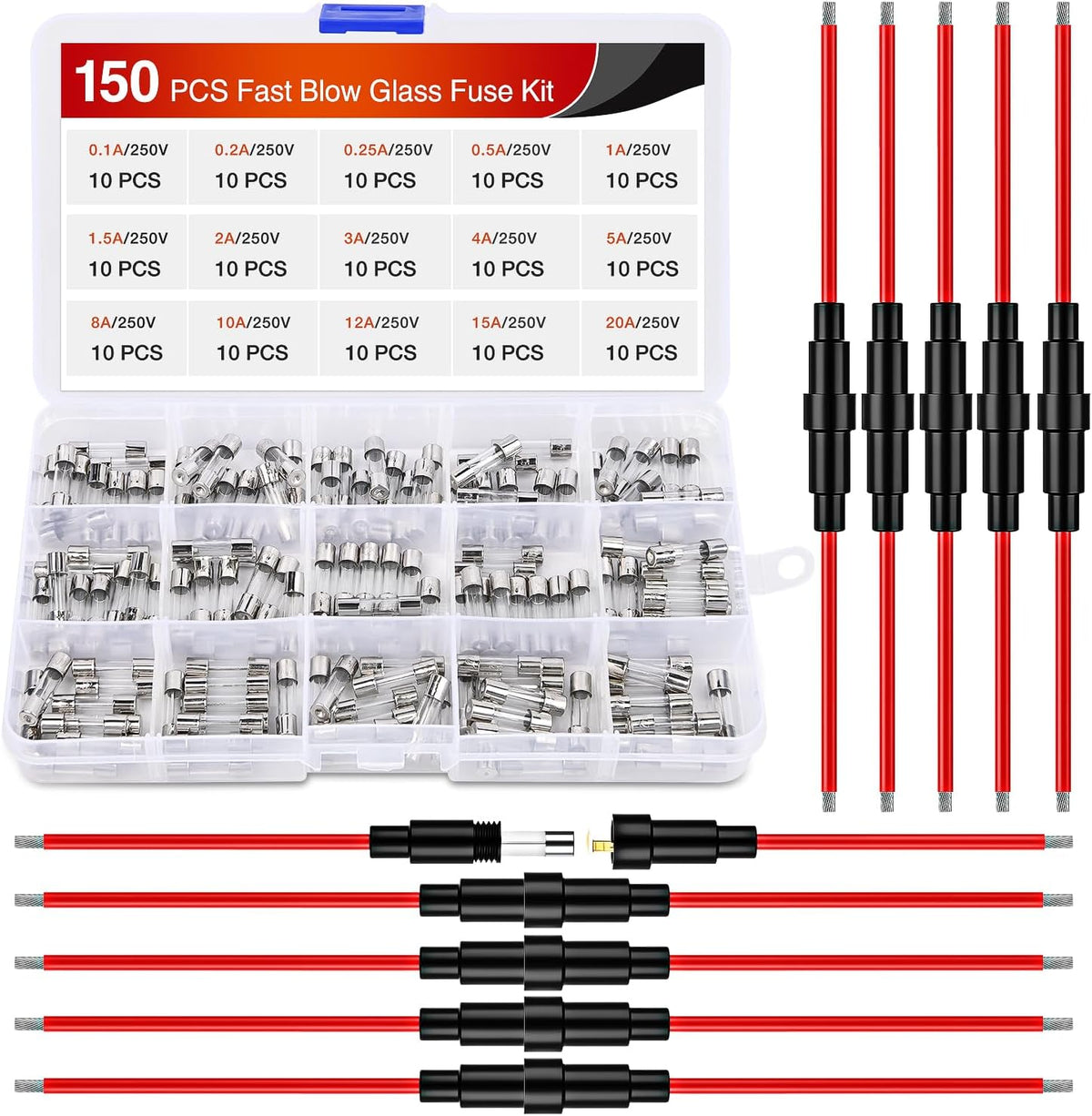Nilight 150PCS 5x20mm Fast Blow Glass Fuses w/10PCS 16AWG Fuse Holders