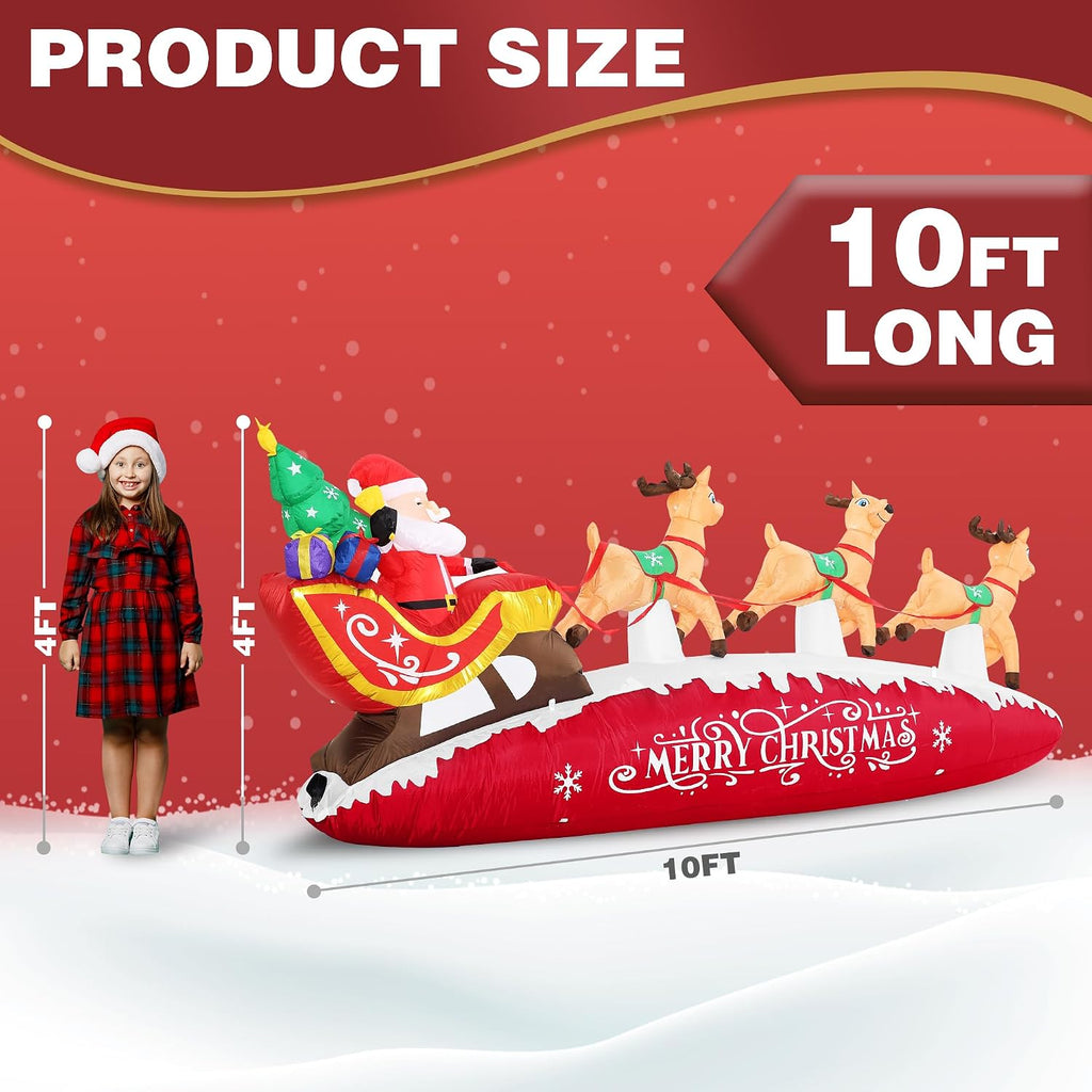 10 FT Santa Sleigh with Reindeer Christmas Inflatables Outdoor Decorations, Christmas Blow Up Yard Decorations for