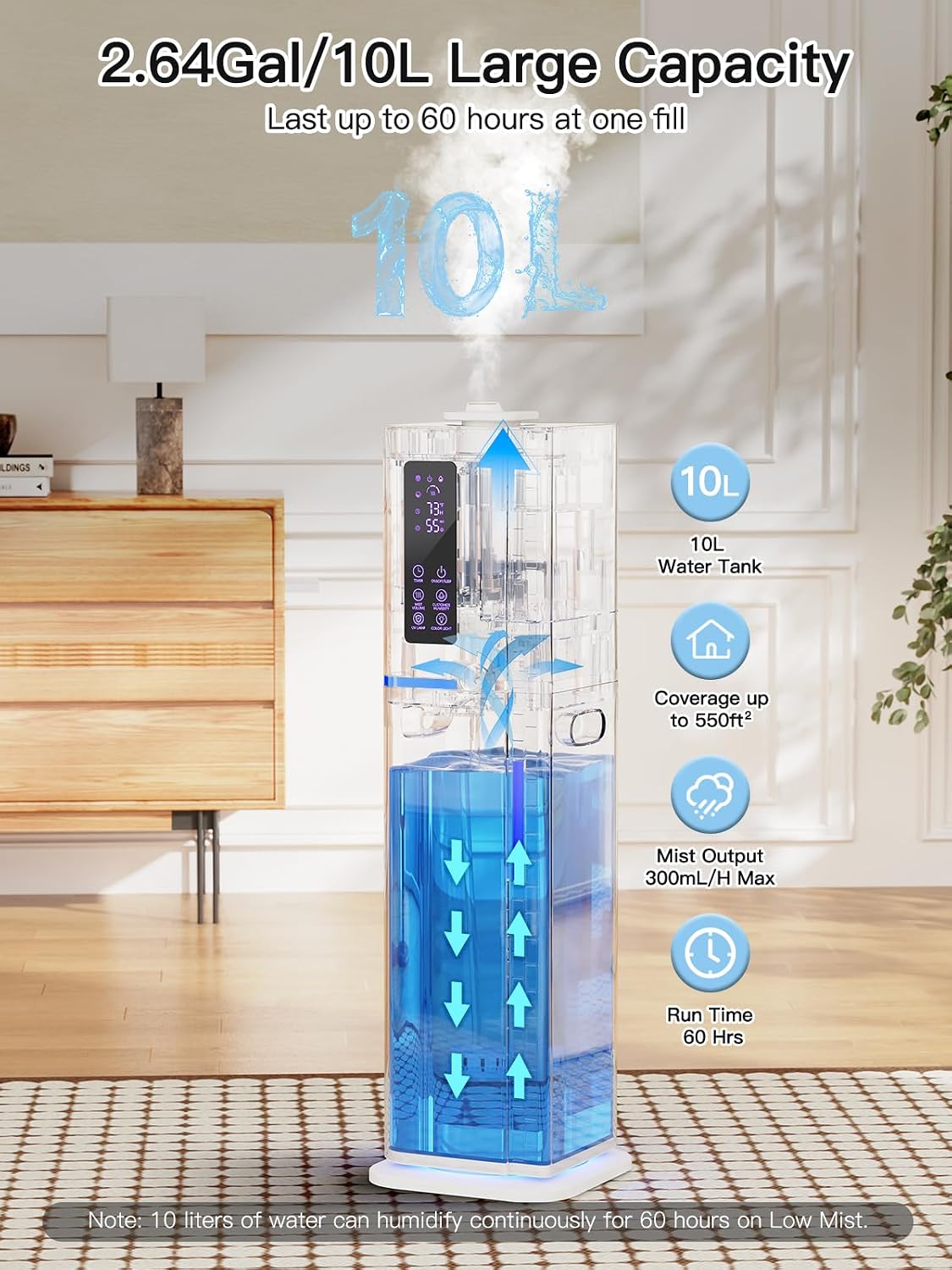 10L/2.64Gal Humidifiers for Bedroom, Top Fill Quiet Ultrasonic Cool Mist Humidifier Large Room, Covers 550ft², 60H