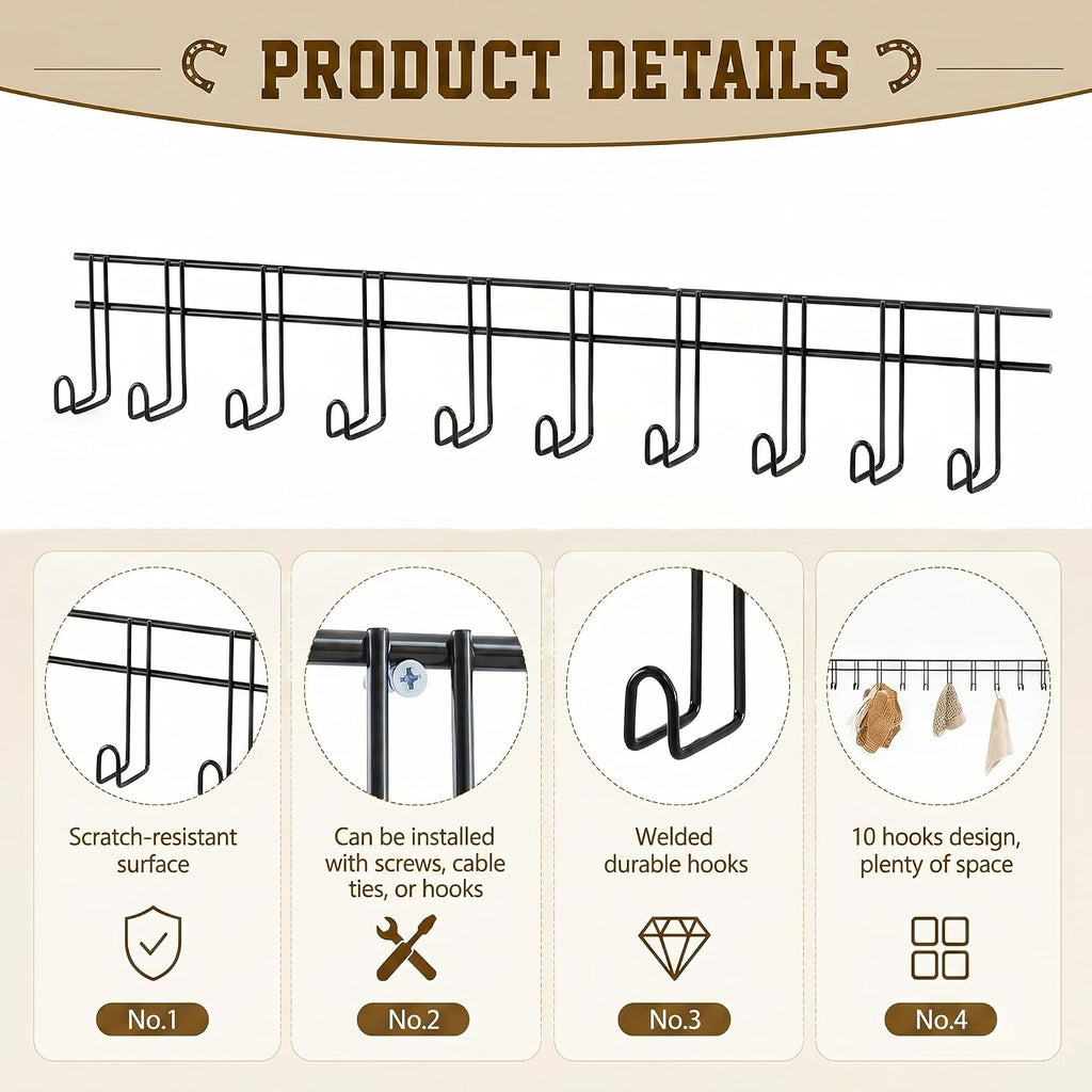 10 Hook 2 Pcs Bridle Hooks Tack Room Metal Wall Hangers Rack, Black