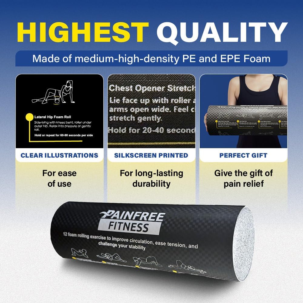 Foam Roller with Printed Exercises, 17.7'' x 6'' Lightweight EPE/PE