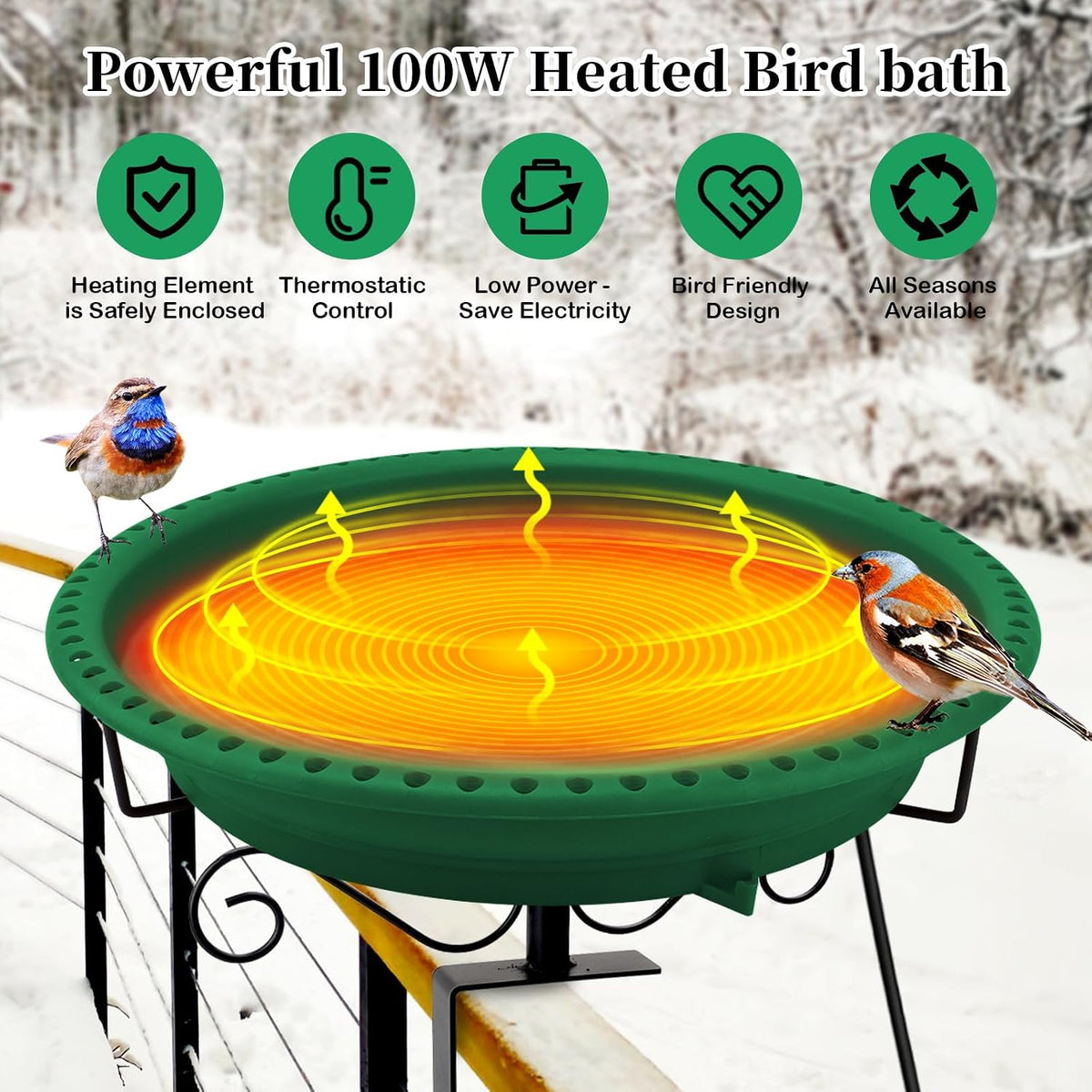 Heated Bird Bath for Outdoors Deck Railing, 100W Heated Birdbath, Green