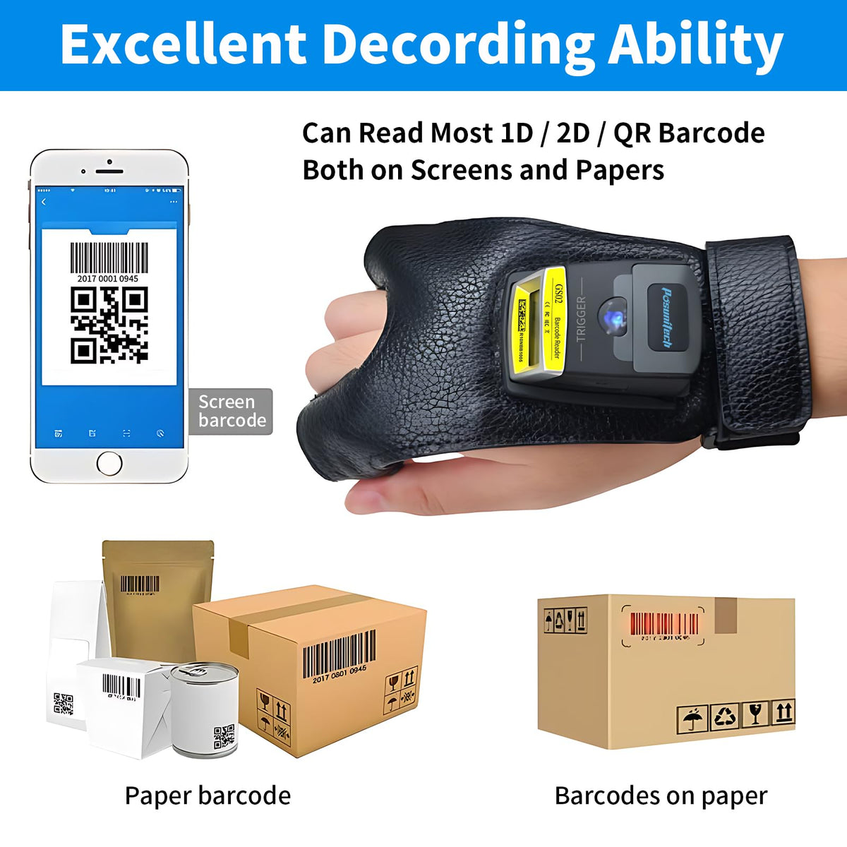Glove Barcode Scanner 2D GS02 Wearable Zebra SE4107 Reader IP65 Touch Scanning NFC Support Multi-Language for