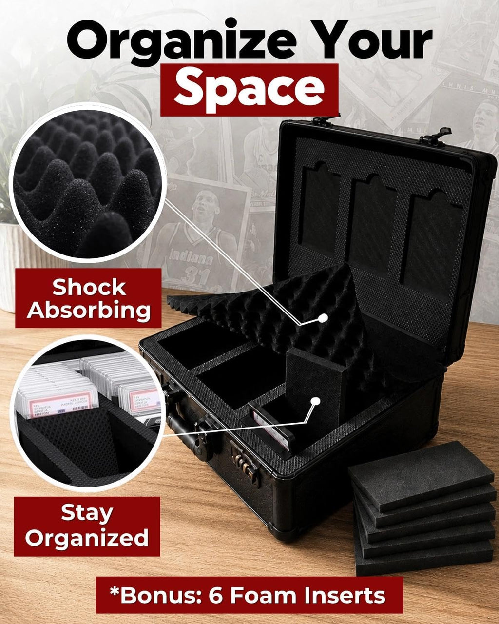 3-Row Graded Card Case - Graded Card Storage Box with Combination Lock | PSA slab case with lid display and 6 foam