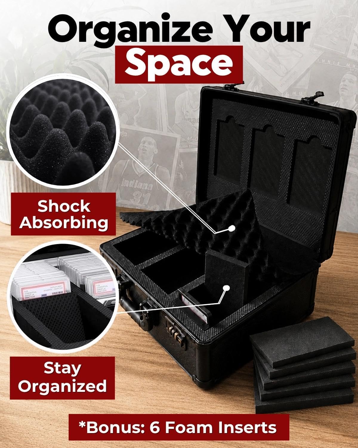 3-Row Graded Card Case - Graded Card Storage Box with Combination Lock | PSA slab case with lid display and 6 foam