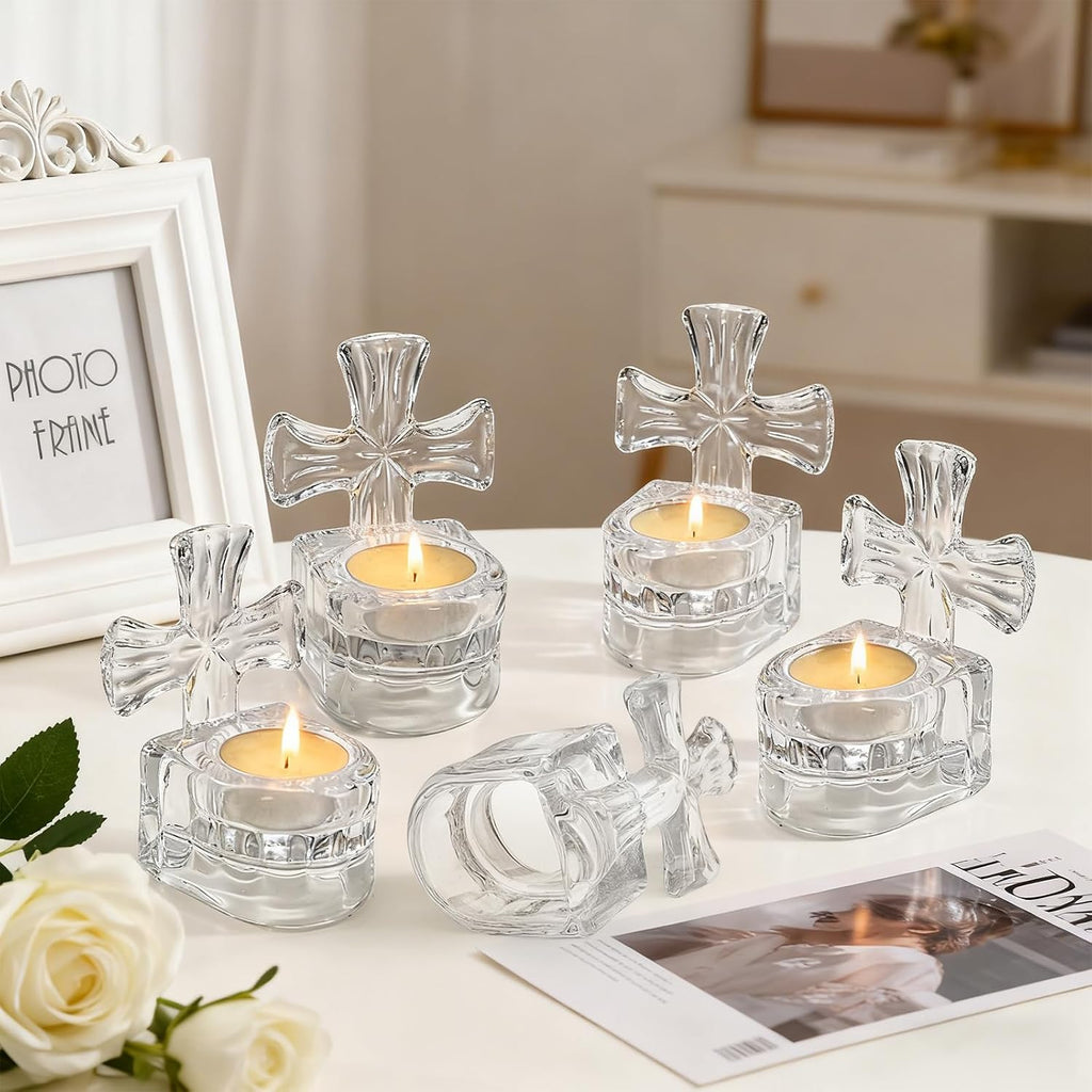 6 Pack Clear Glass Cross Tea Light Candle Holders, 4-inch Tall Crystal Votive Candle Holders for Religious Home