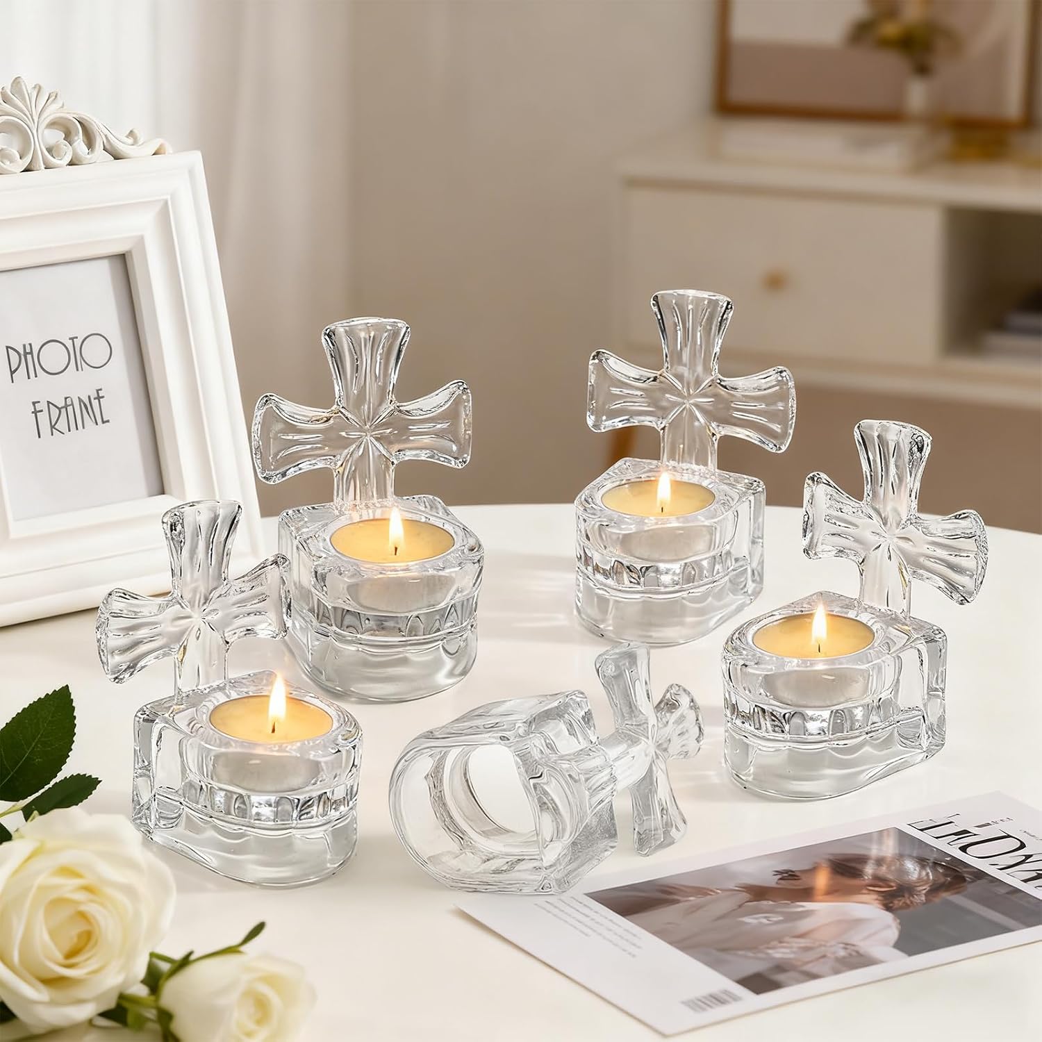 6 Pack Clear Glass Cross Tea Light Candle Holders, 4-inch Tall Crystal Votive Candle Holders for Religious Home