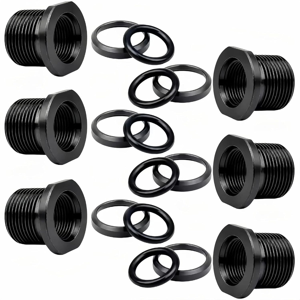 6 Pack Thread Protector 1/2”-28 to 5/8”-24 Thread Reducer Black Steel Thread Reducer Kit with Metal & Rubber Sealing Washers for Secure Mechanical Connections