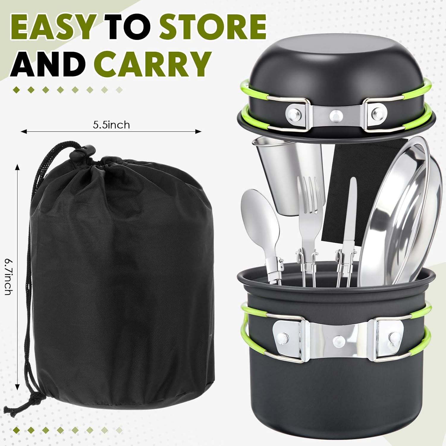 18-Pcs Camping Cookware Mess Kit for 2, Non-Stick Lightweight Pot Pan Set with Stainless Steel Cups & Plates, Folding