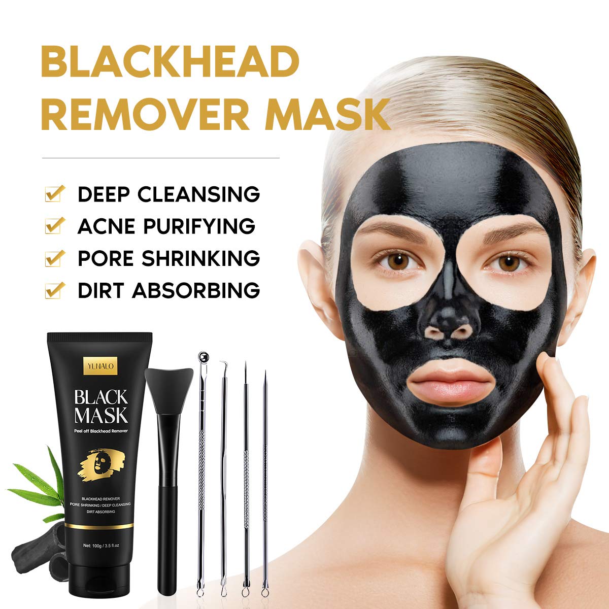 Blackhead Remover Mask Kit, Charcoal Peel Off Facial Mask with Brush and Pimple Extractors, Deep Cleansing for Face