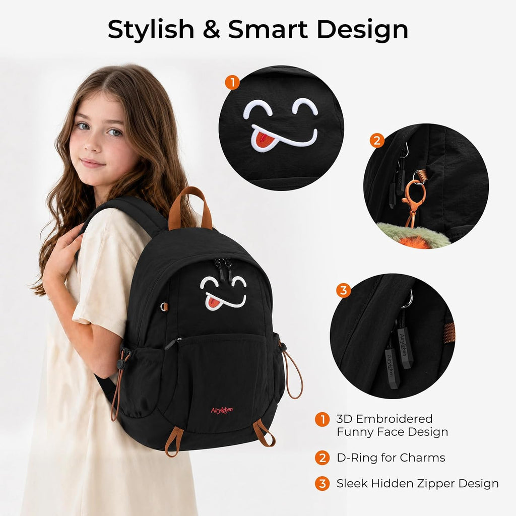 Cute Backpacks for Girls Boys Kids, Lightweight Small Bookbag, Black | Water-Resistant Casual Daypack with 13.3"