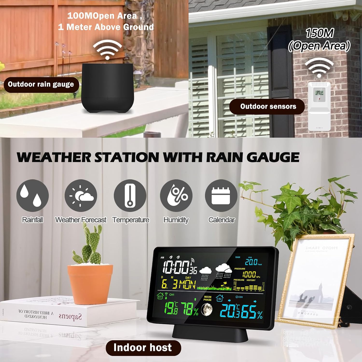 Wireless Rain Gauge and Weather Station, Digital Rain Gauge Outdoor Home Weather Stations with Thermometer