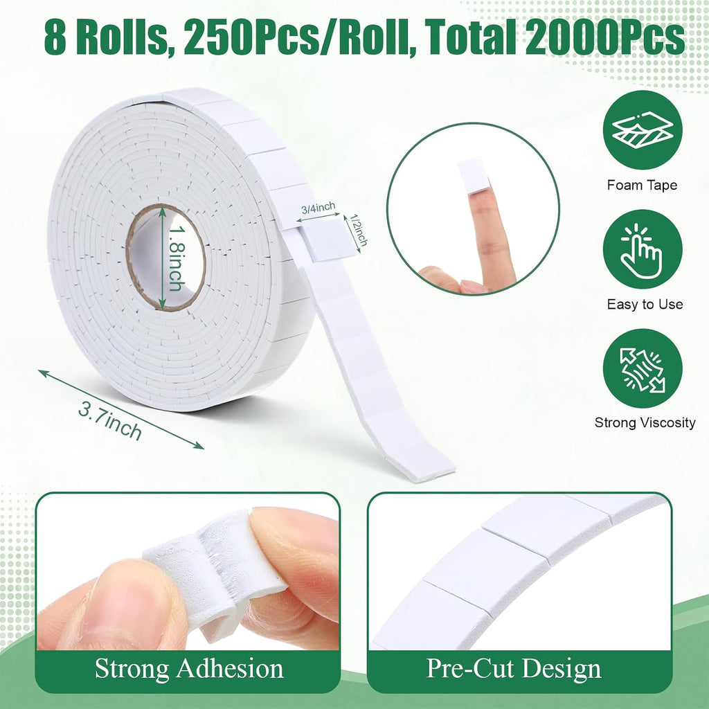 2000 Pcs Double Sided Foam Tape Precut 3/4 x 1/2 Inch, 8 Rolls