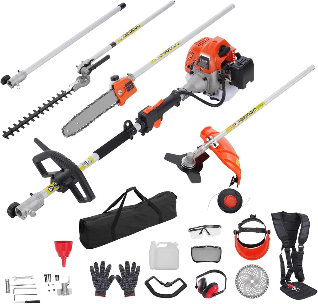 52cc Gas-Powered 6-in-1 Multi-Functional Trimmer - Hedge Trimmer, Brush Cutter, Weed Eater, Edger, Pole Saw &