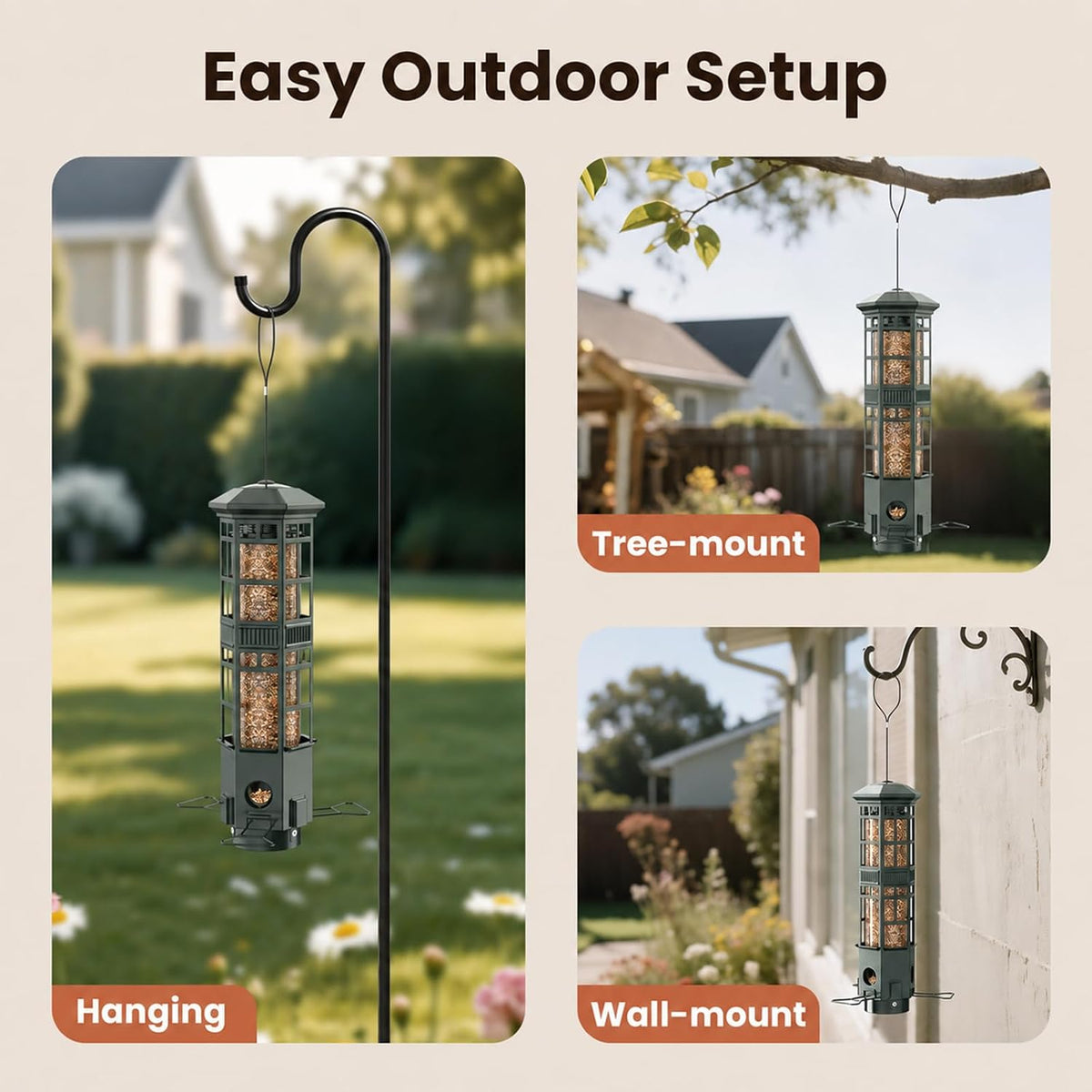 Metal Hanging Squirrel Proof Bird Feeders, Gravity Spring Closure System, Chew Resistant, Large Capacity