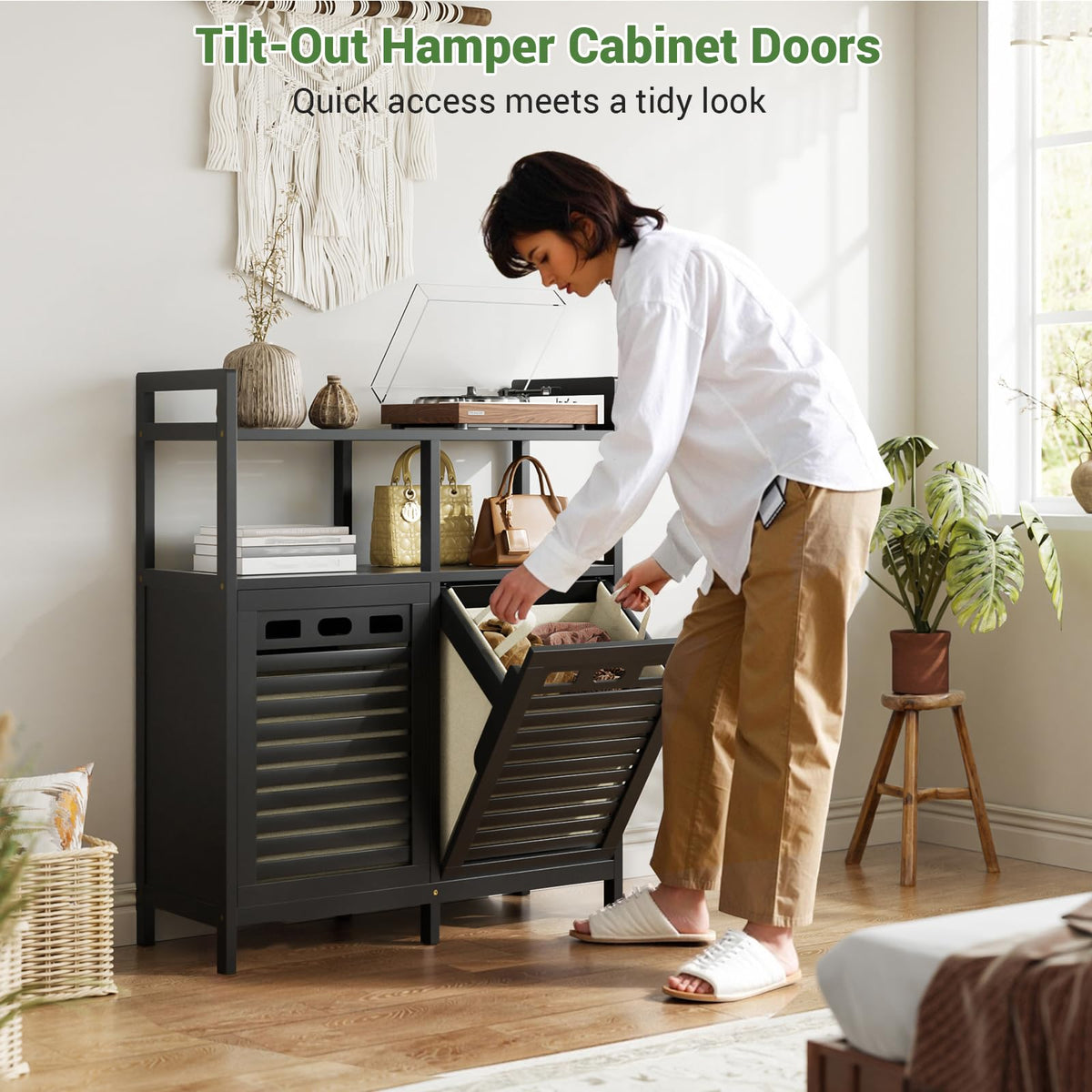 Bamboo Double Tilt Out Laundry Hamper Cabinet with 2 Bags, Black