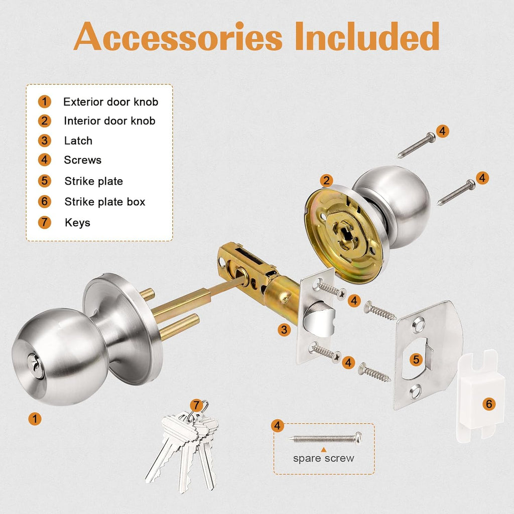 2 Pack Keyed Alike Entry Door Knobs with Lock and Key Ball Door Knob Handles Entrance Door Lockset Brushed Nickel Finish