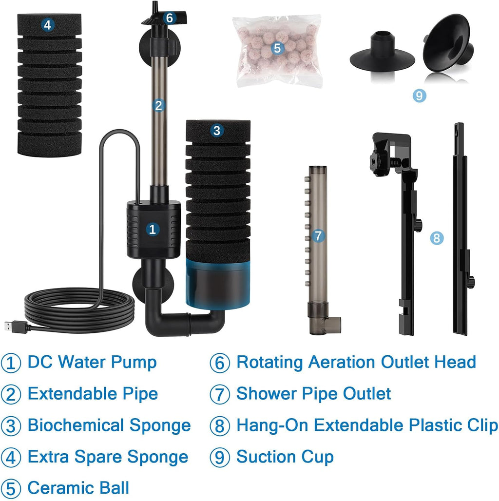 USB Single Sponge Filter, Small Aquarium Filter with Adjustable Hanging Clip and Suction Cup, Duckbill Outlet, Rain