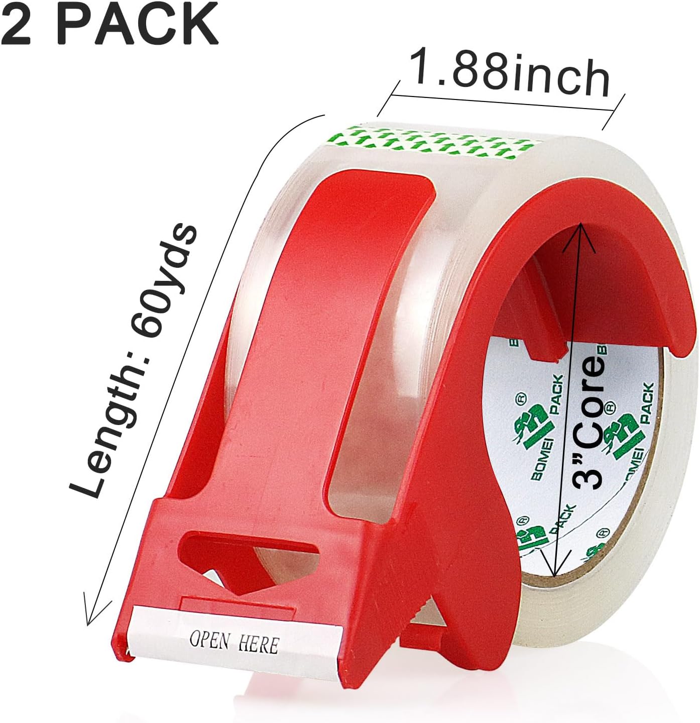 Heavy Duty Clear Packing Tape,2 Rolls with refillable Dispenser,Noiseless Packaging Tape 1.88 Inches x 55