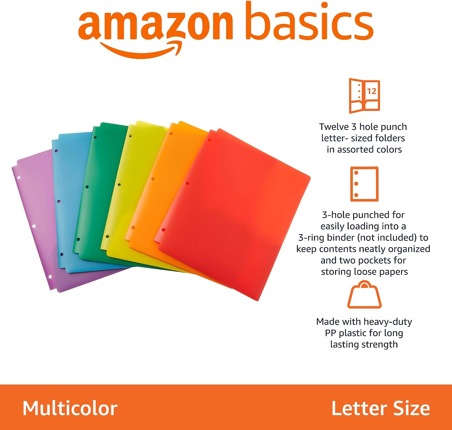 Plastic 3 Hole Punch Folders with 2 Pockets for Documents, Letter Size 8.5 x 11 inches, School Supplies, Assorted