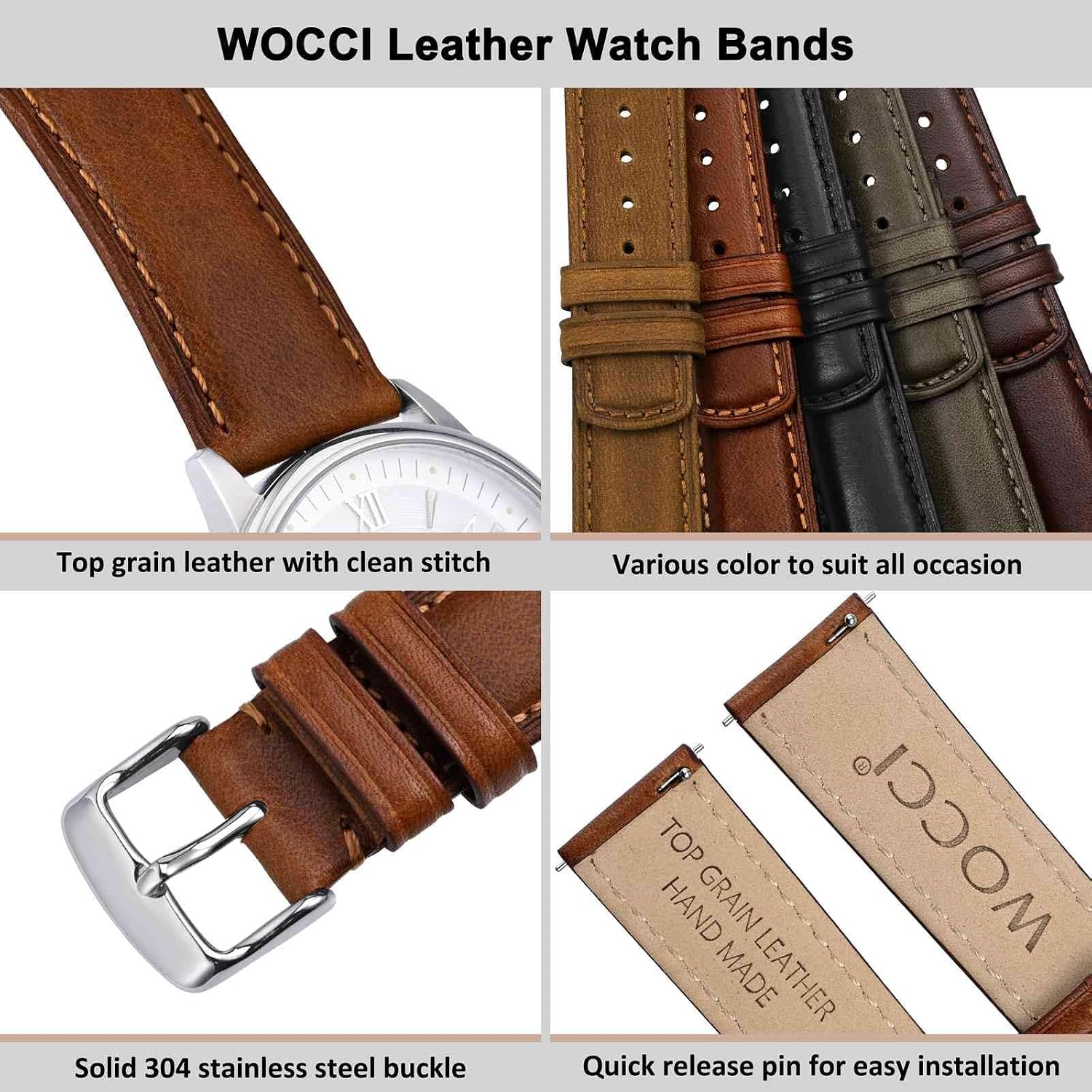 Quick Release Watch Band, Distressed Genuine Leather, Stainless Steel Buckle, Strap Width 18mm 19mm 20mm 22mm 24mm