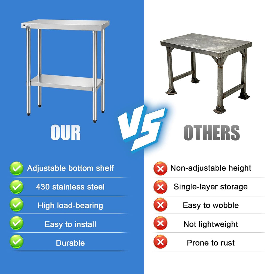 24 x 24 Inch Stainless Steel Work Table with Adjustable Undershelf, Commercial Kitchen Prep Table with Adjustable