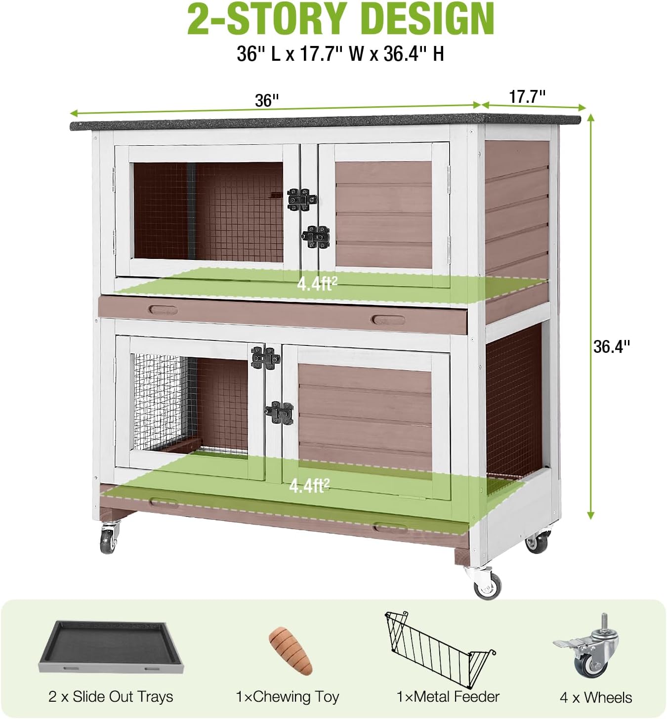 2-Story Rabbit Hutch for 1-2 Bunnies - Indoor Outdoor Wooden Guinea Pig Cages with 4 Wheels, 2 Pull-Out Trays, 5