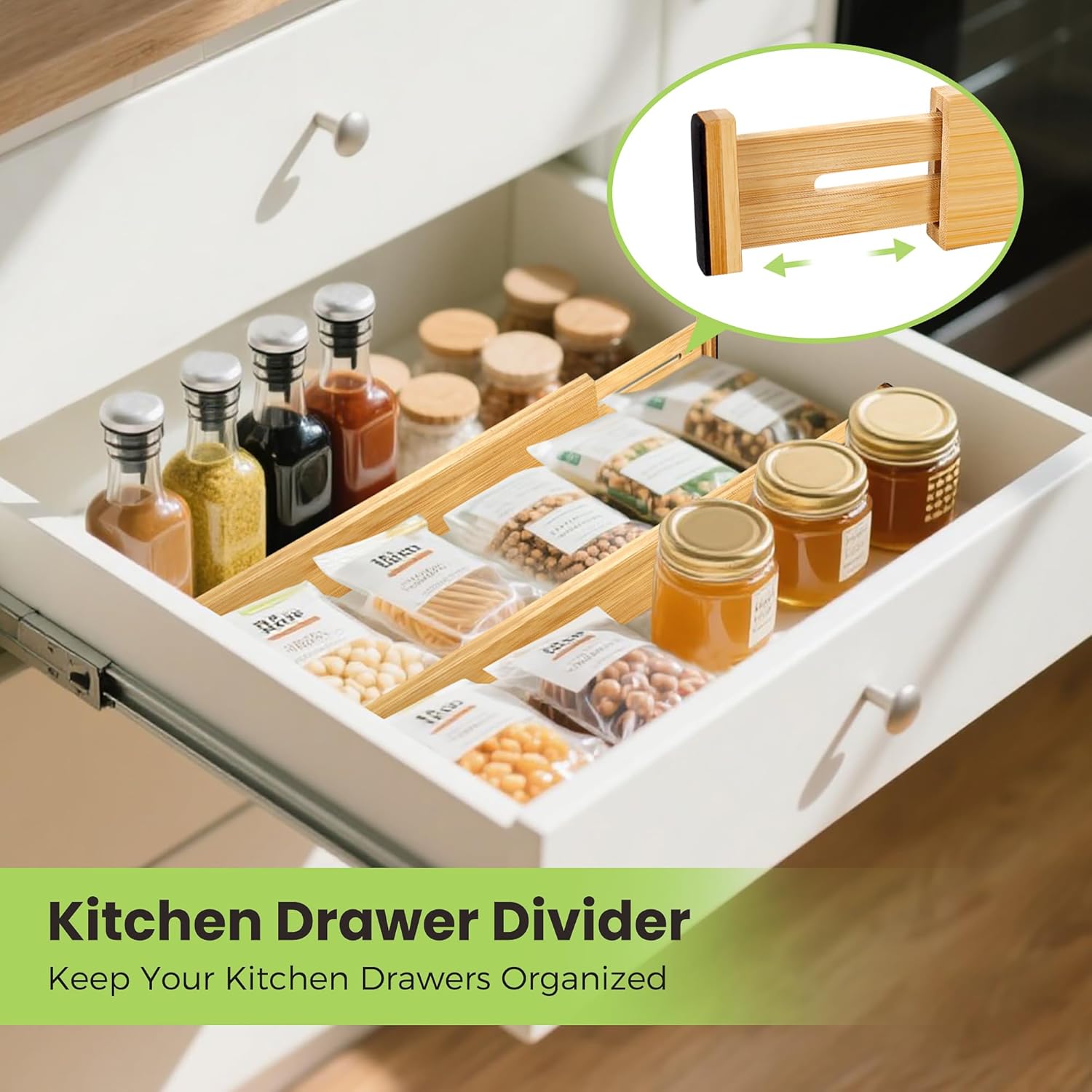 Drawer Divider, Adjustable Bamboo Kitchen Drawer Organizer, Spring Loaded Drawer Organizer, Dresser Separators for