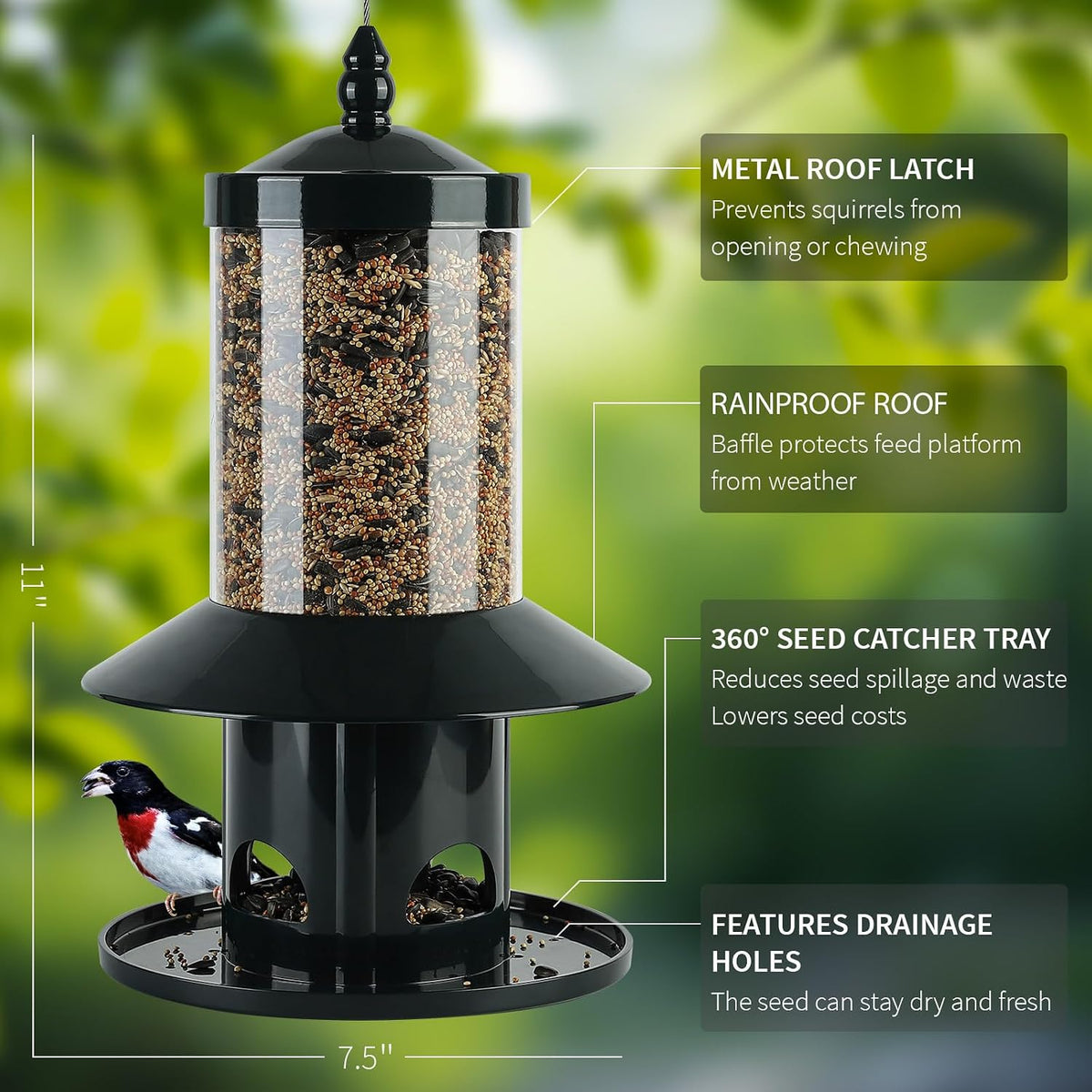 Squirrel-Proof Bird Feeder 360° Feeding Perch Tray for Outdoor Hanging
