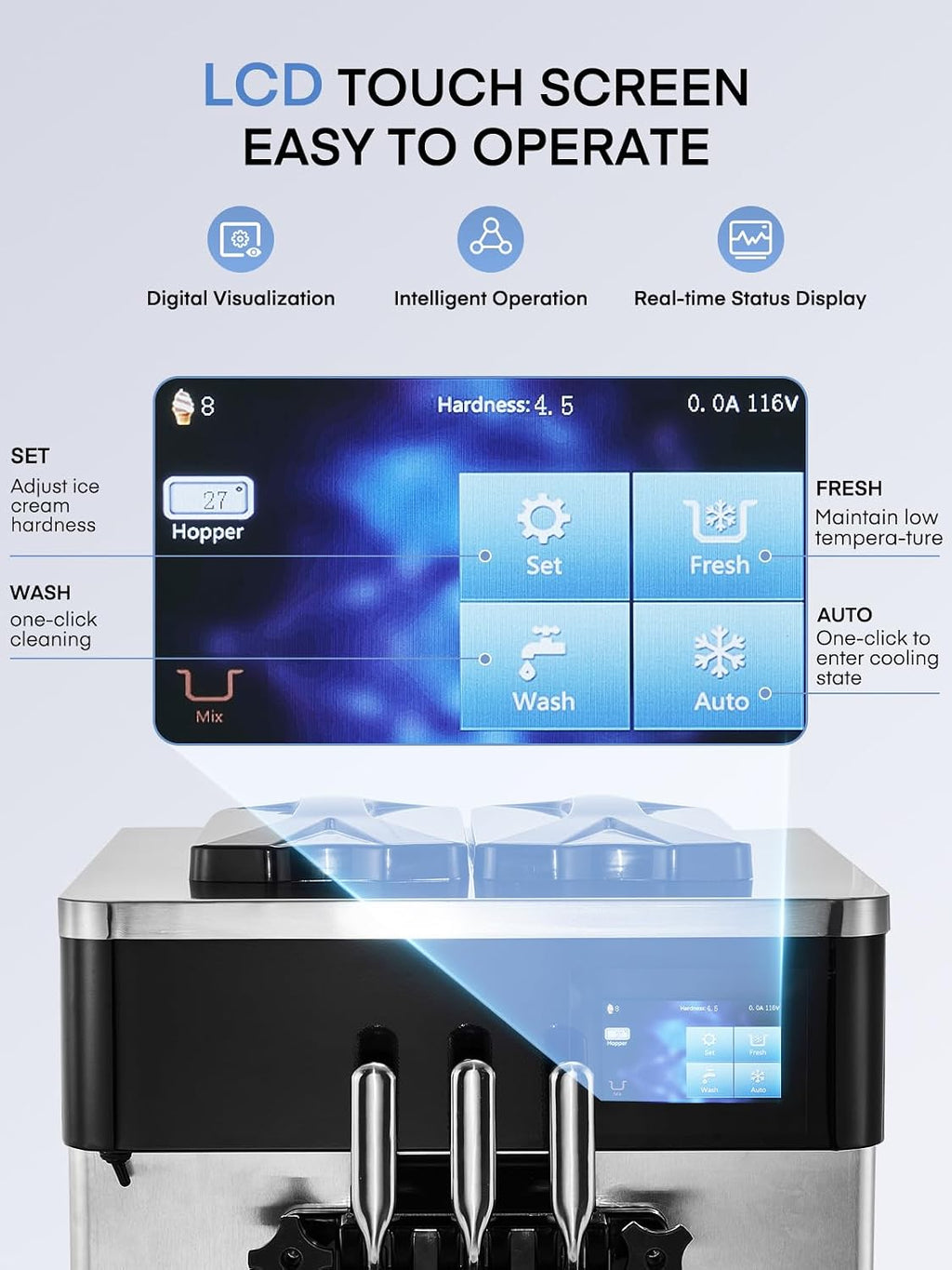 Commercial Ice Cream Machine 5.8-7.9 Gal/h, 3 Flavors Soft Serve Ice Cream Machine with 14L Hopper, Auto Clean Ice