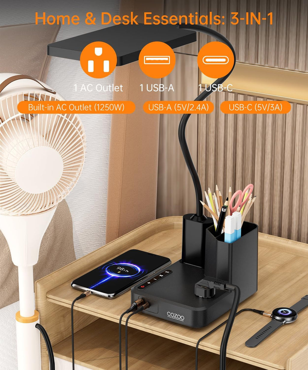 LED Desk Lamp for Dorm USB A/C Charger Pen Holder 3 Light Modes Black | 3 Color Modes, 3 Brightness, 360° Gooseneck