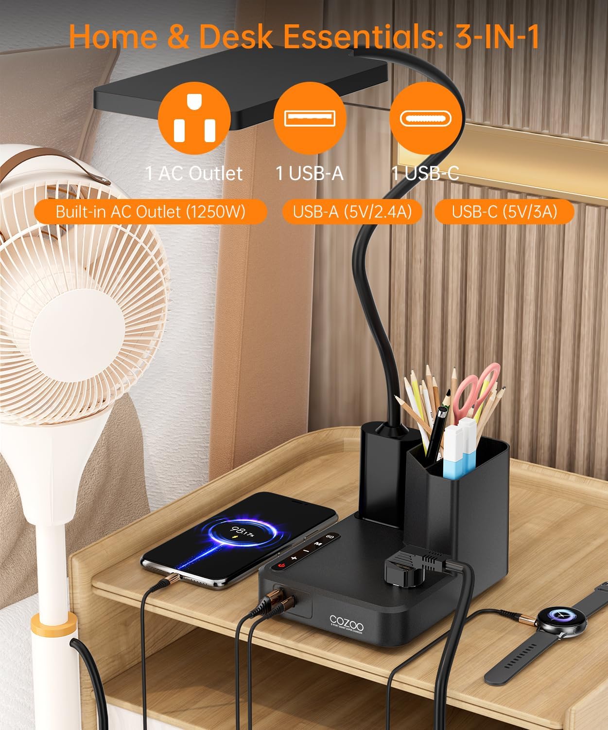Desk Lamp, COZOO LED Desk Lamps for Home Office with USB Charging Port/Outlet/Organizer,Desk Lamp for College Dorm