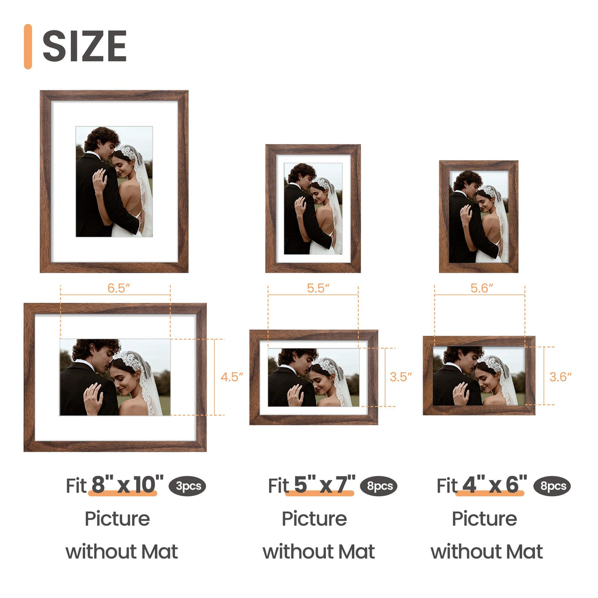 Picture Frames set of 19, Including 8x10, 5x7, 4x6 Brown Frame