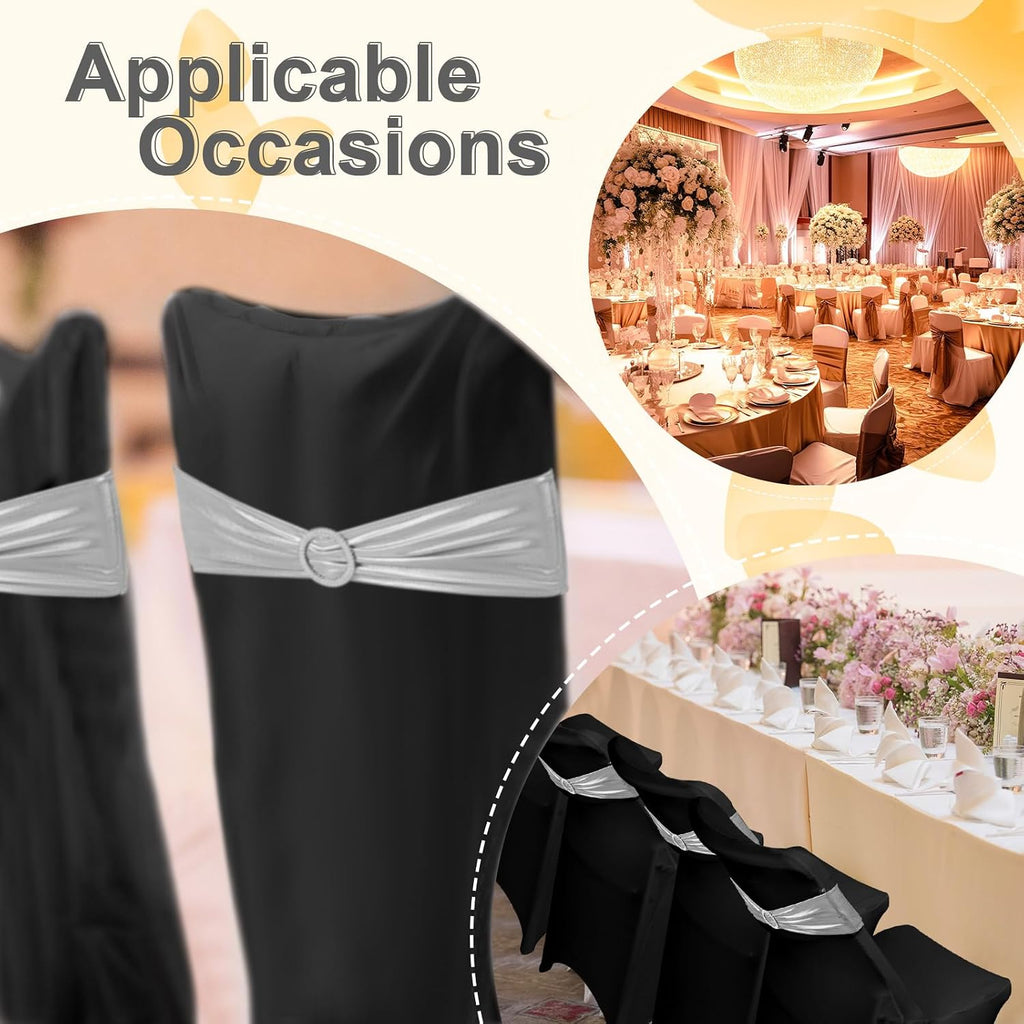 50 Pack Chair Covers and Sashes for Folding Chair, Black, Silver