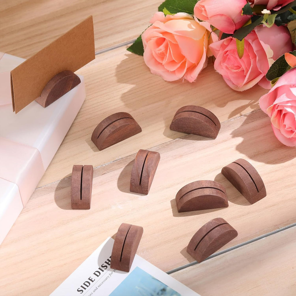 24 Pcs Wooden Table Number Stands with Tented Cards,Brown | Place Card Holders for Weddings, Semicircle Wood Base