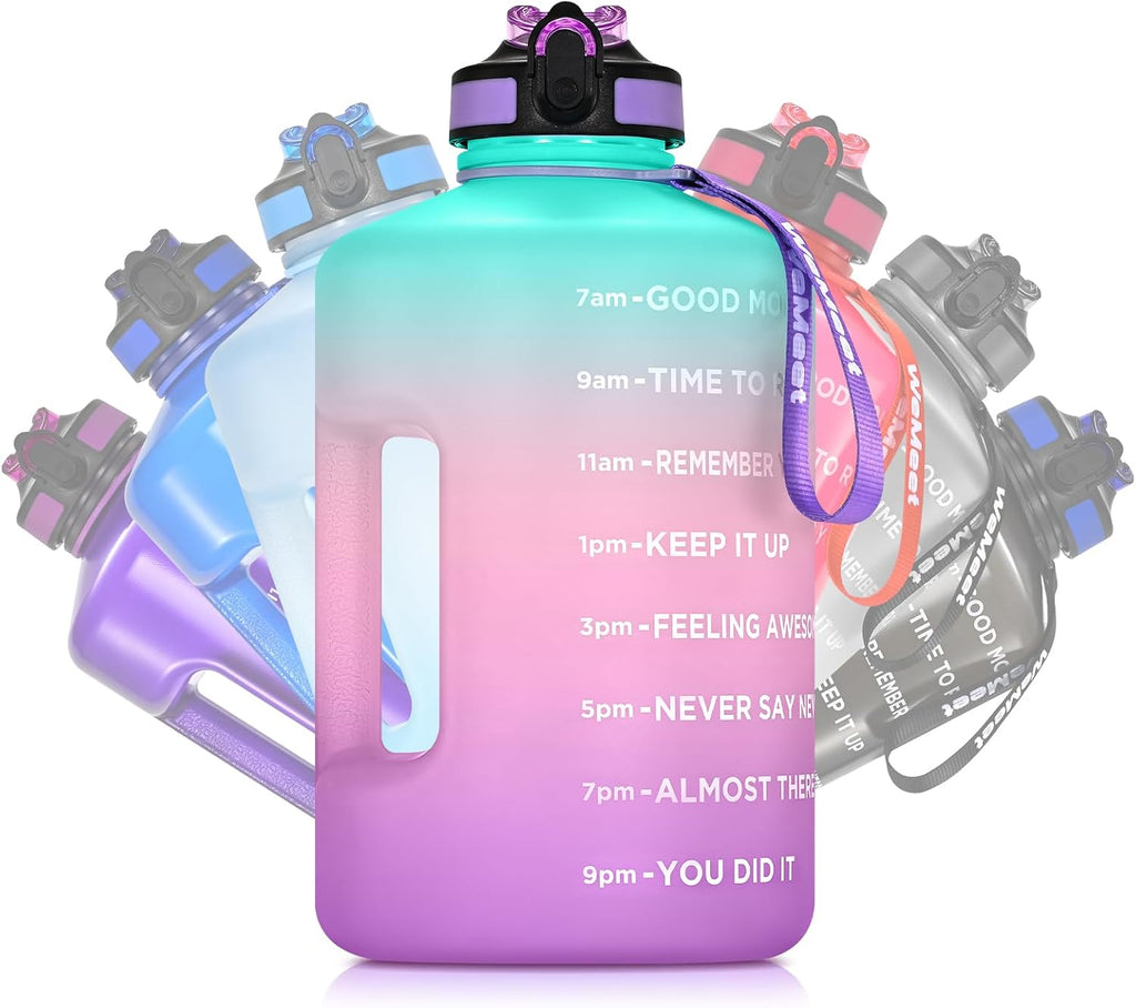 Gallon Sport Water Jug with Time Marker and non-slip handle, Sports Motivational Water Bottle, Wide Mouth with Easy