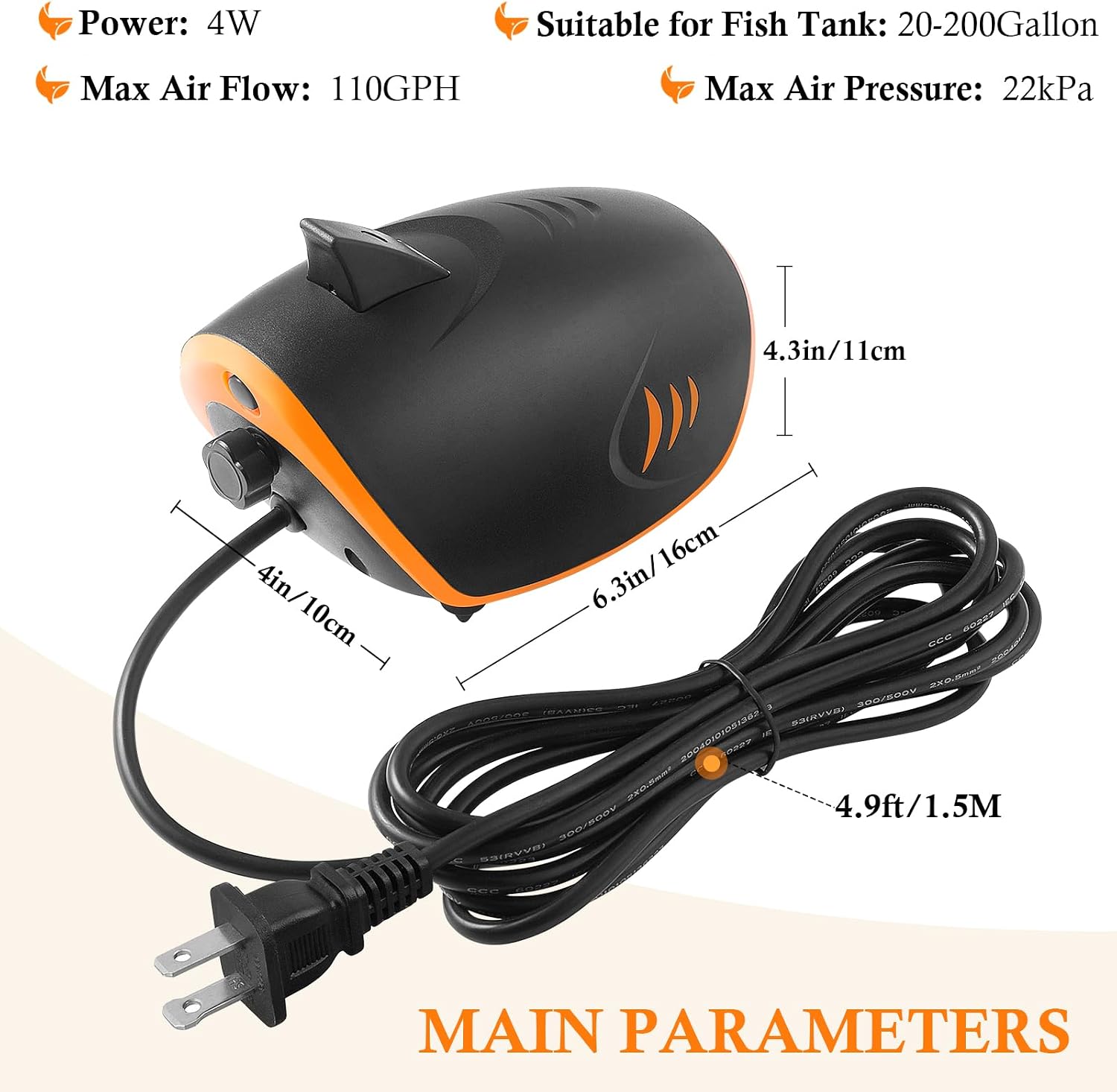 4W 110GPH Powerful Aquarium Air Pump, Quiet 2-outlets Aquarium Aerator, Adjustable Fish Tank Air Pump with