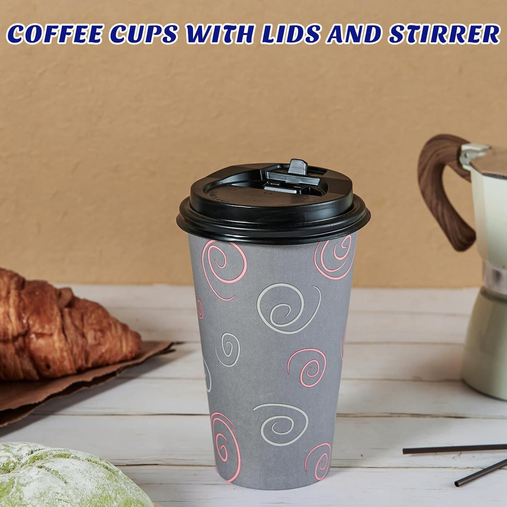 16 oz Disposable Paper Cups, 100 Pack Coffee Cups with Lids