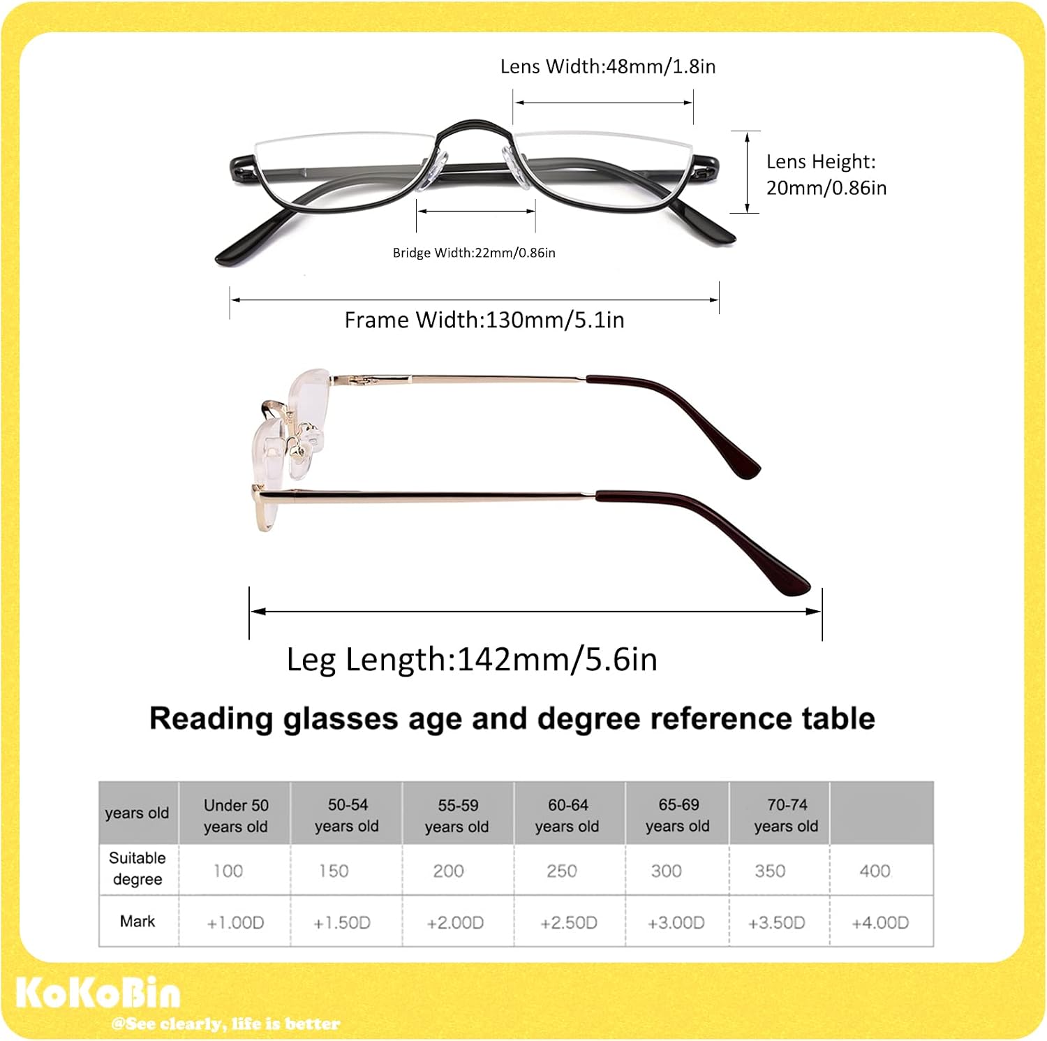 Half Reading Glasses 2 Pairs Metal Frame 2.50 | Half Rim Glasses Spring Hinge Readers with Leather Pouch for Men and