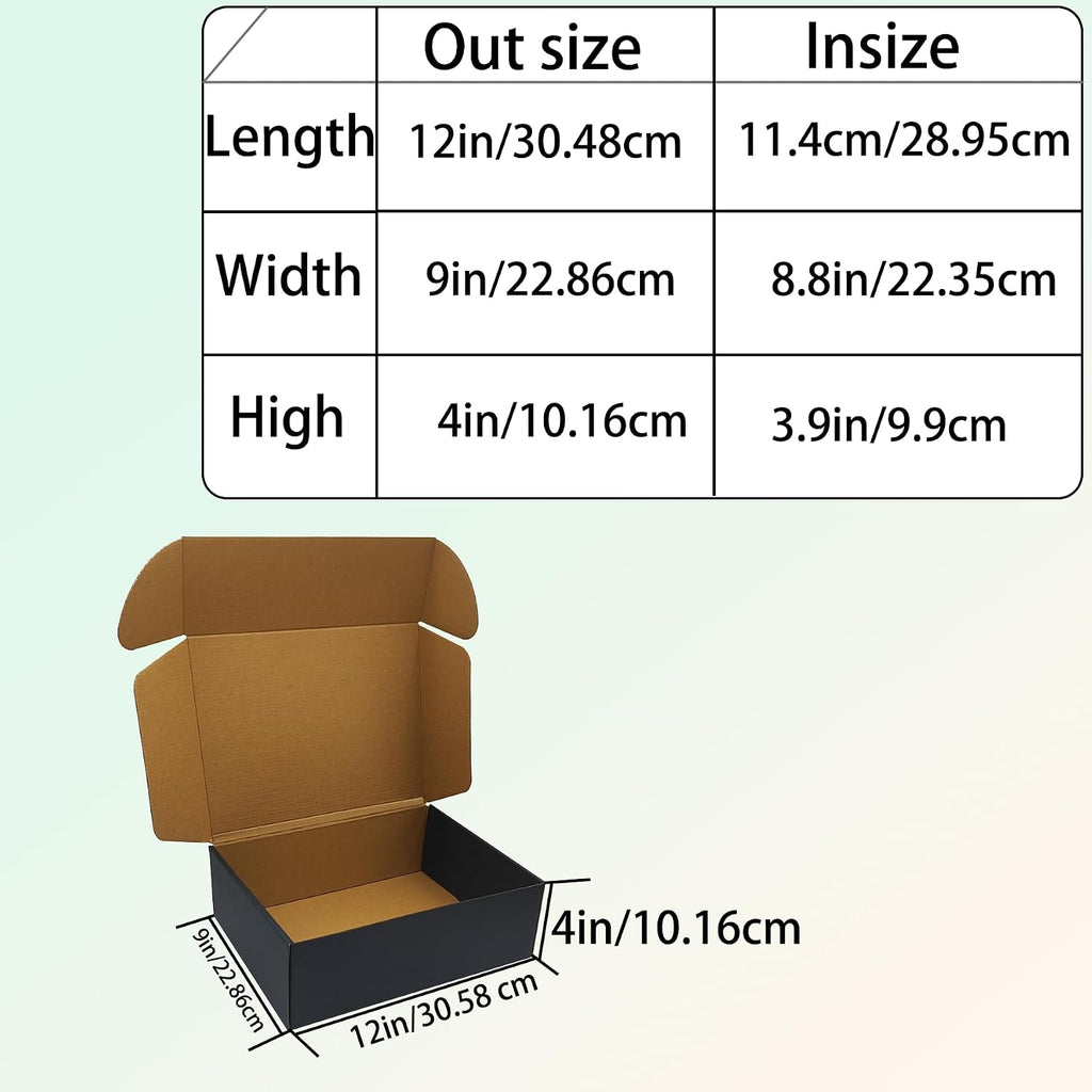 12x9x4 inch Black Shipping Boxes Set of 20, Corrugated Cardboard Mailer Box