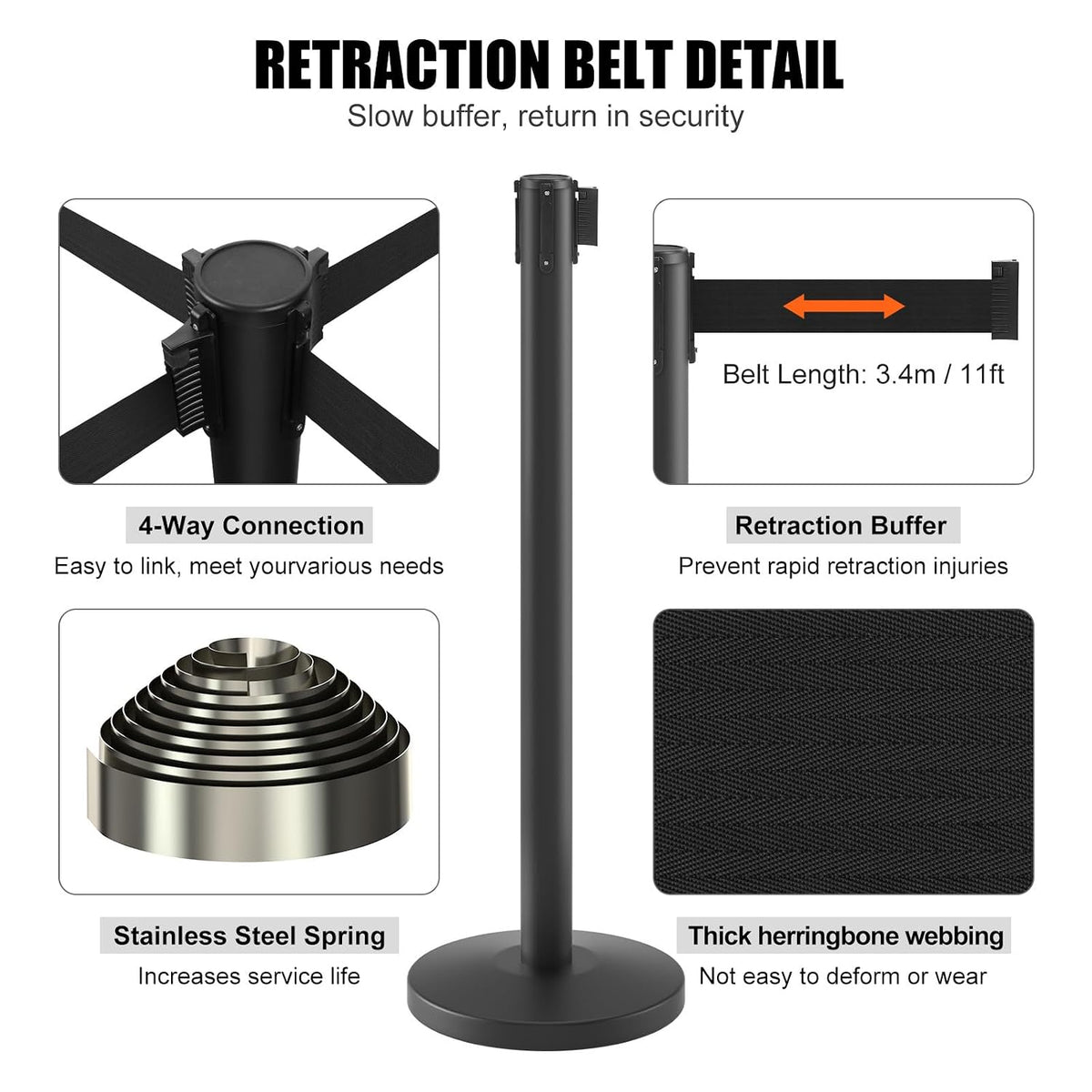 2 Pack Stanchions with Retractable Barriers 11 Feet Belts (Black)