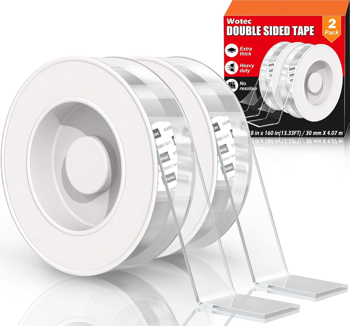 2 Pack Extra Large Double Sided Tape Heavy Duty Removable 1.18 Inch x 160 Inch, Clear & Tough Nano Tape, Multipurpose