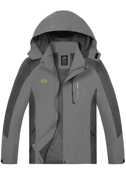 Mens Rain Jacket Waterproof with Hooded Hiking Coat Lightweight Windbreaker(GY/BK L)