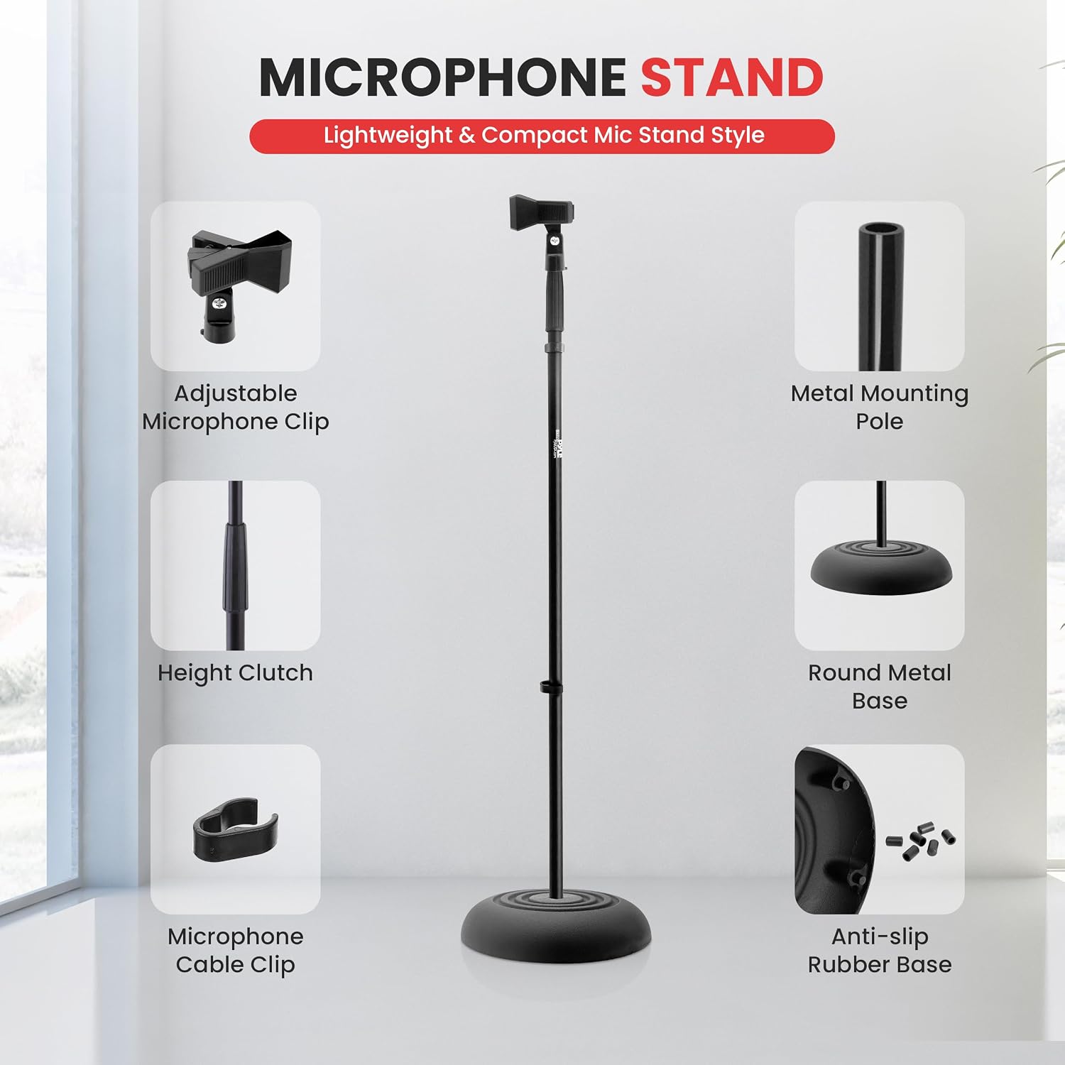 Universal Microphone Stand - Handheld Mic Compatible, Heavy Compact Base, Lightweight & Compact Design, 2.8 to 5 Ft