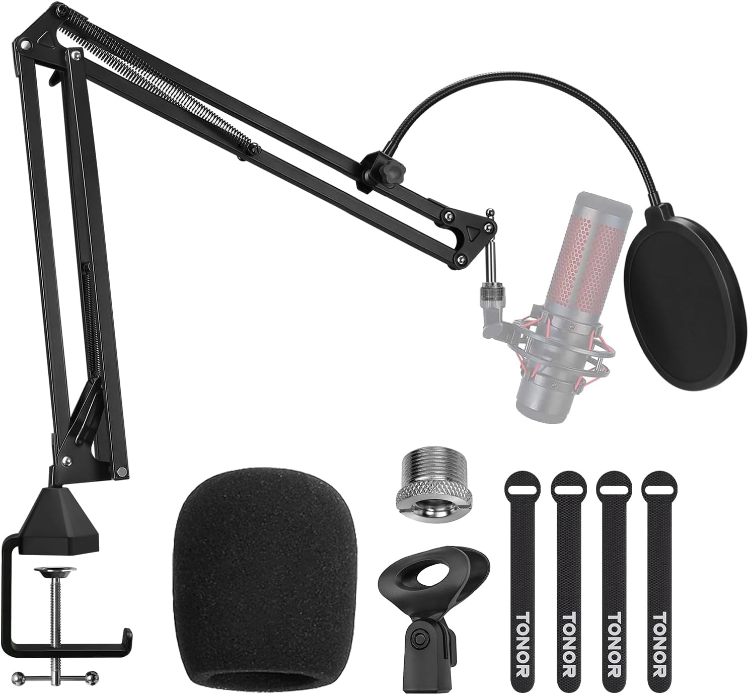 Microphone Arm Stand, Adjustable Suspension Boom Scissor Mic Stand with Pop Filter, 3/8" to 5/8" Adapter, Excellent
