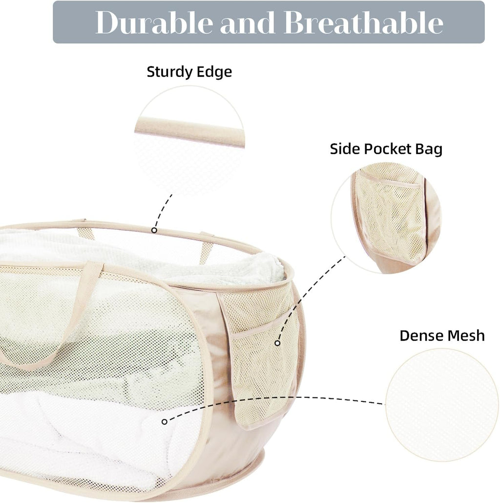 Durable Collapsible Laundry Baskets, Mesh Pop Up Laundry Hamper with Side Pocket, Foldable Clothes Hamper with